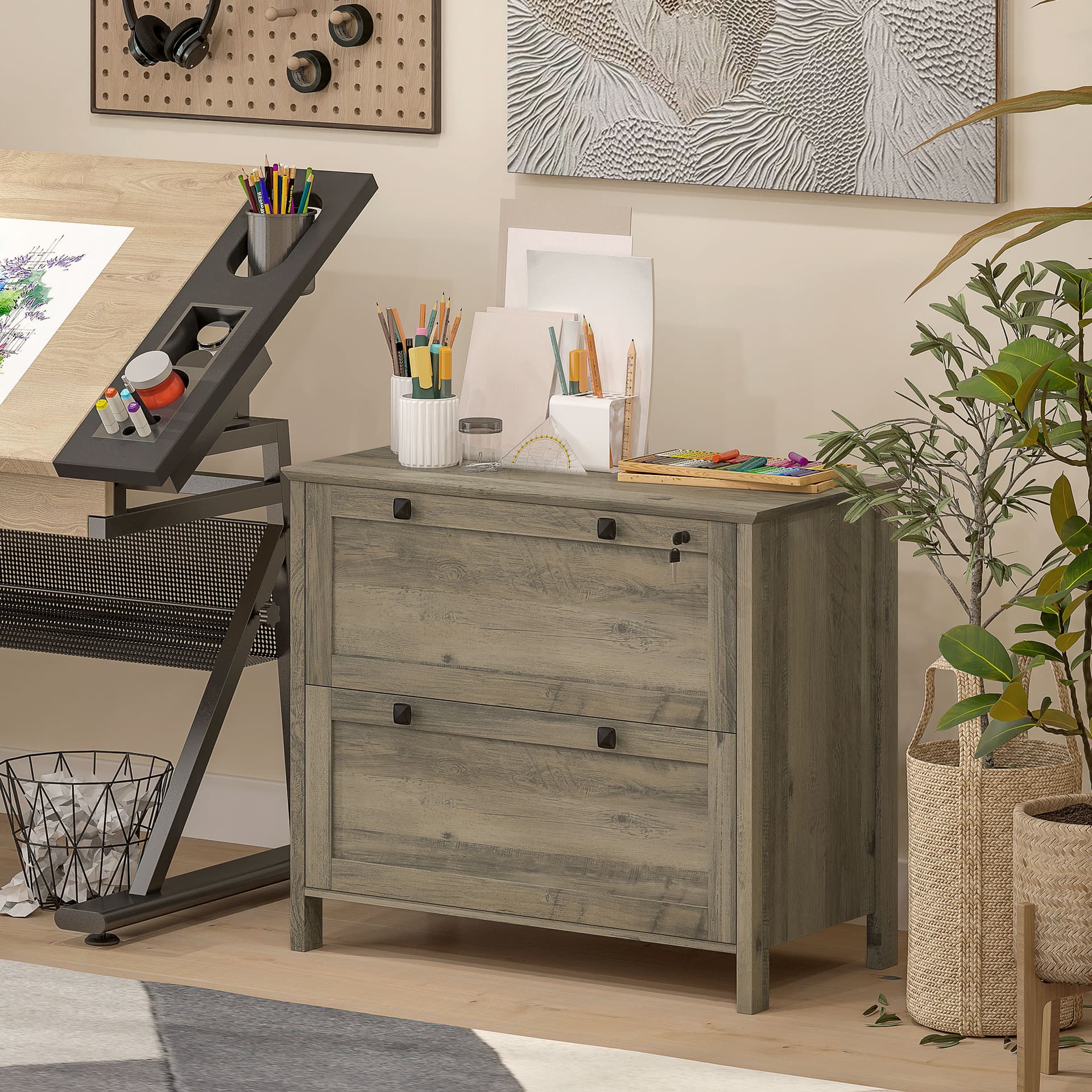 2 Drawer File Cabinet, Lockable Filing Cabinet with Adjustable Hanging Bar for Letter, A4 Size, Weathered Grey Oak