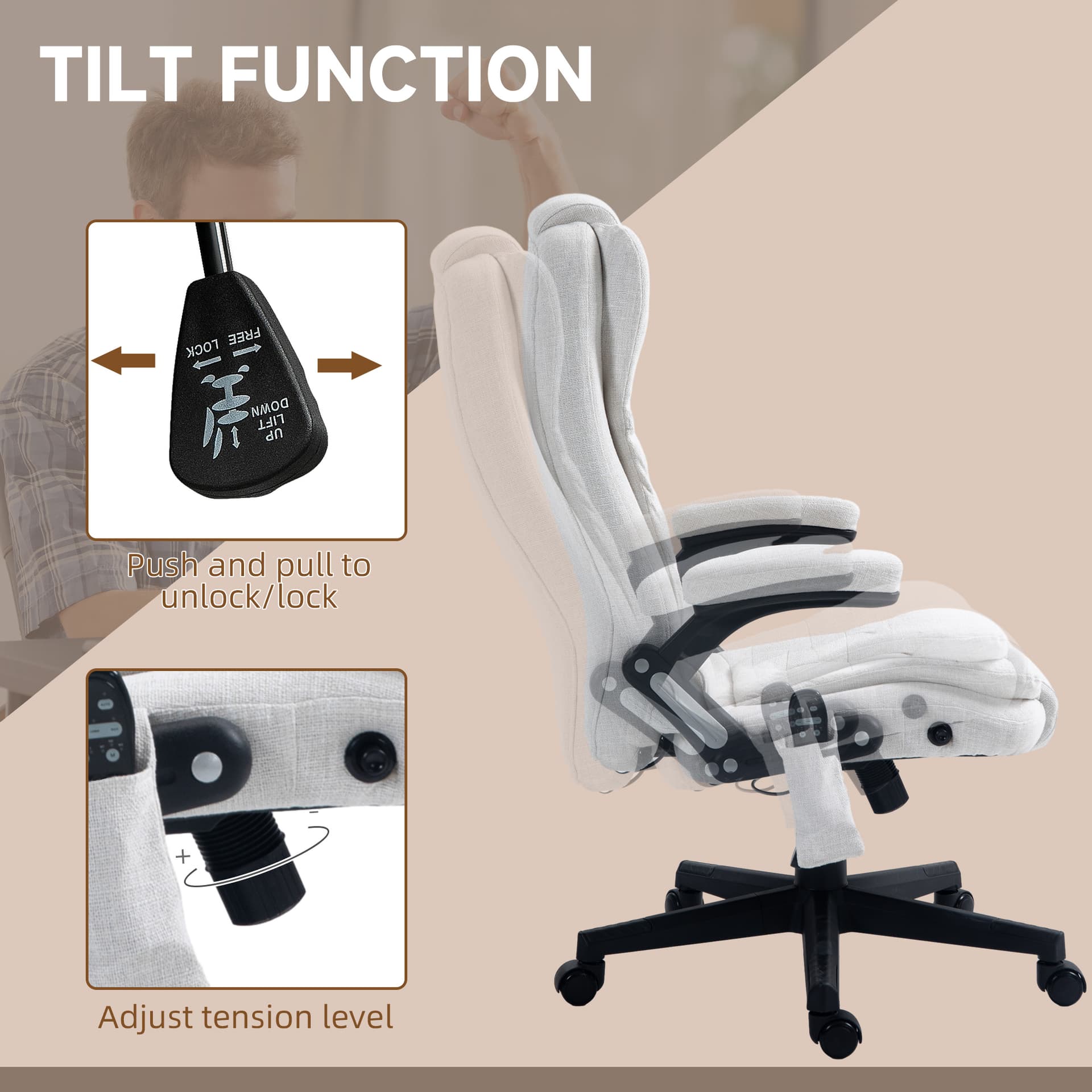 Reclining Massage Office Chair, Executive Office Chair with High Back, Swivel Wheels, White