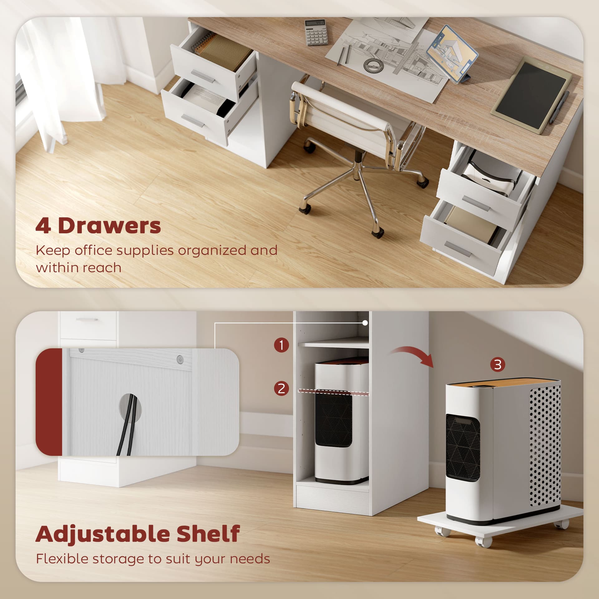 Office Desk, 55" Computer Desk with 4 Reversible Drawers, Mobile PC Stand, Adjustable Shelf, White Wood Grain