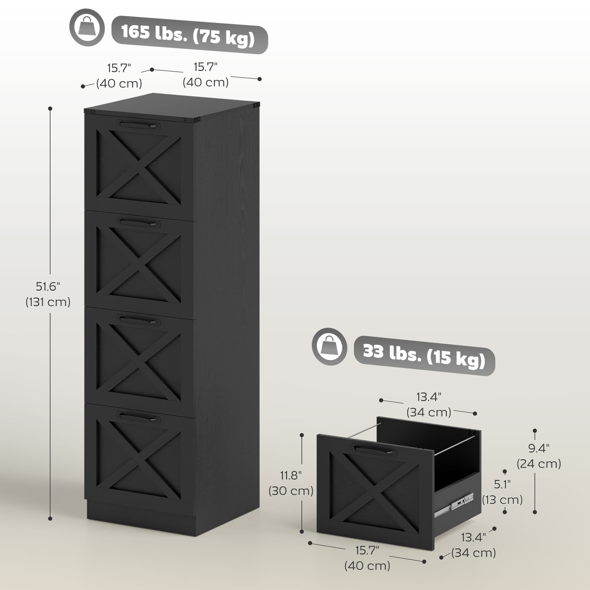 4 Drawer File Cabinet with Silent Slides, Vertical Farmhouse Filing Cabinet Fits Letter/A4 Size Home Office, Black