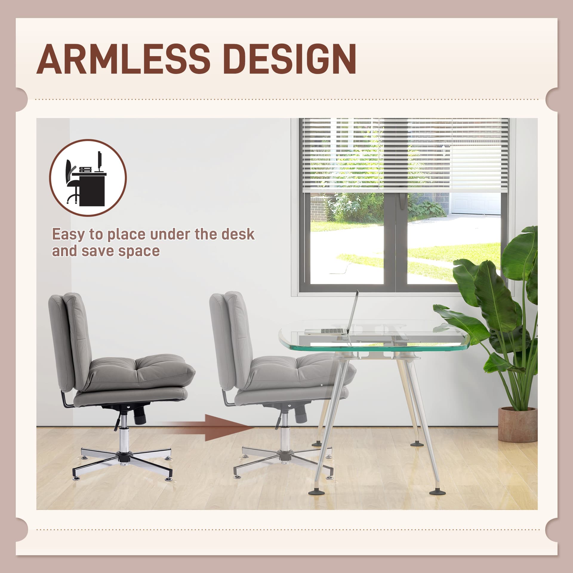 Armless Office Chair, Criss Cross Chair with Adjustable Height & Tilt Function for Home Office, Study, Grey