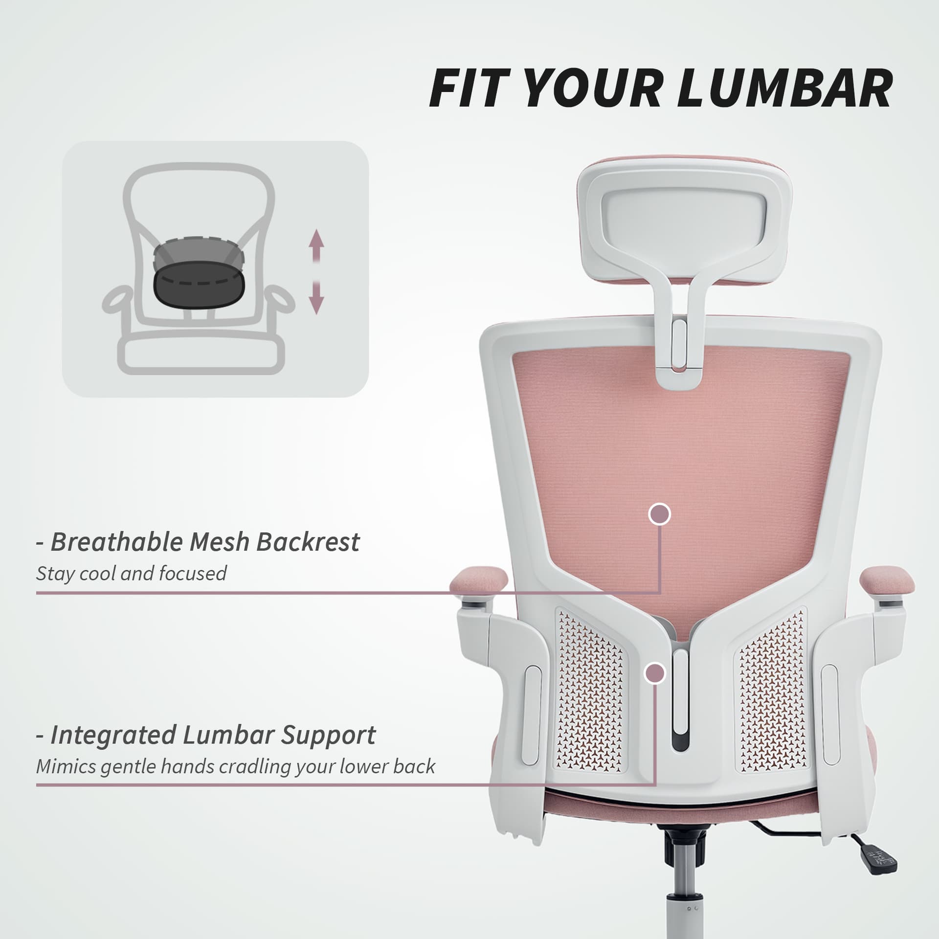 Ergonomic Office Chair, Swivel Desk Chair with Adjustable Lumbar Support, Headrest and Height, Flip-up Armrests, Pink
