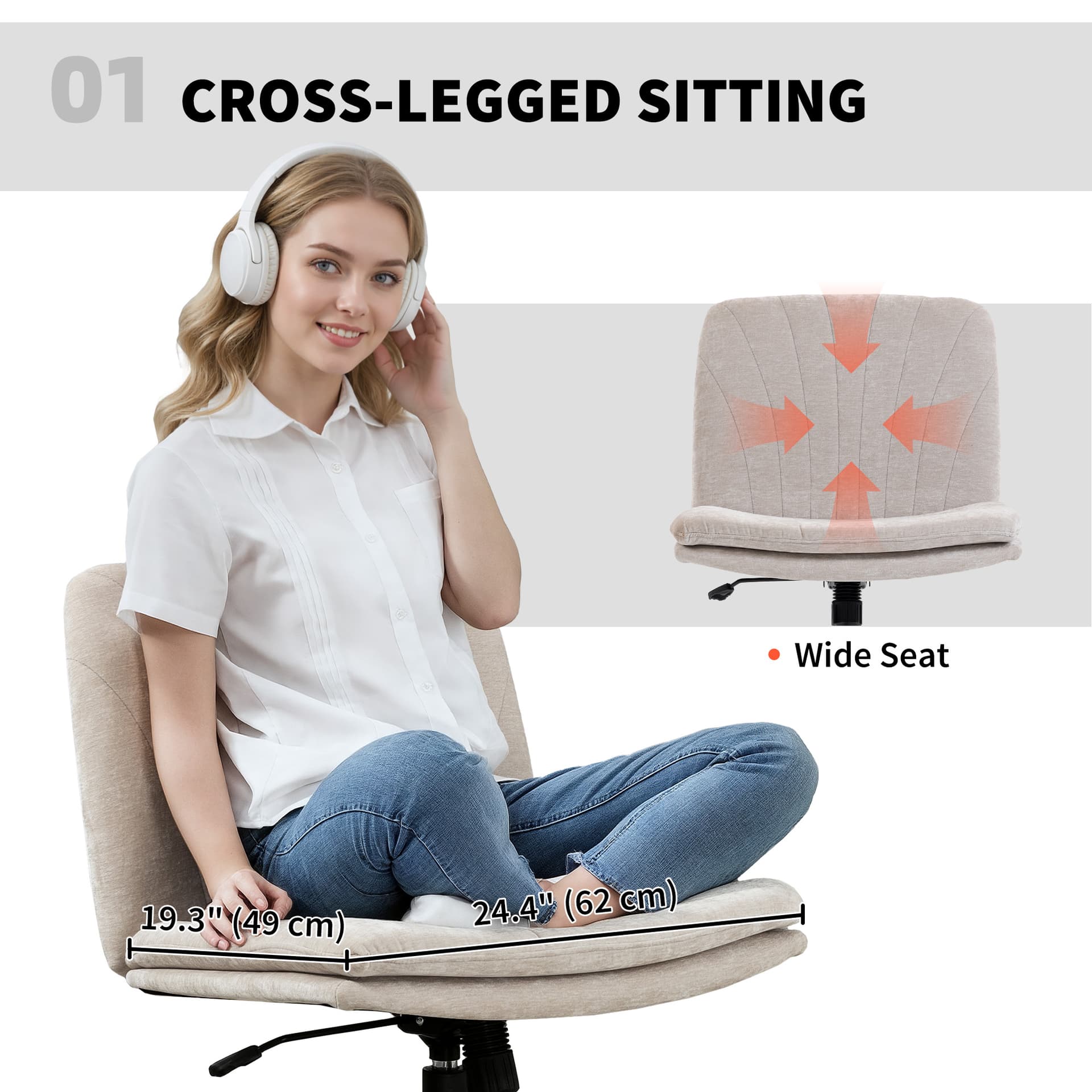 Criss Cross Chair with Wheels, Wide Office Chair with No Arms, Adjustable Height, Tilting, Beige