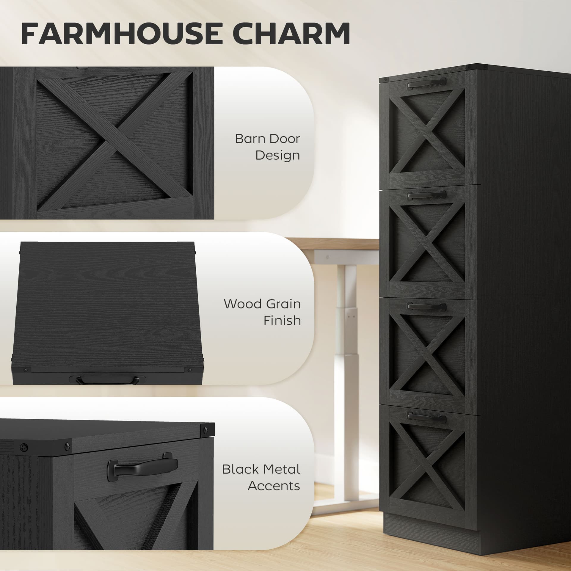 4 Drawer File Cabinet with Silent Slides, Vertical Farmhouse Filing Cabinet Fits Letter/A4 Size Home Office, Black