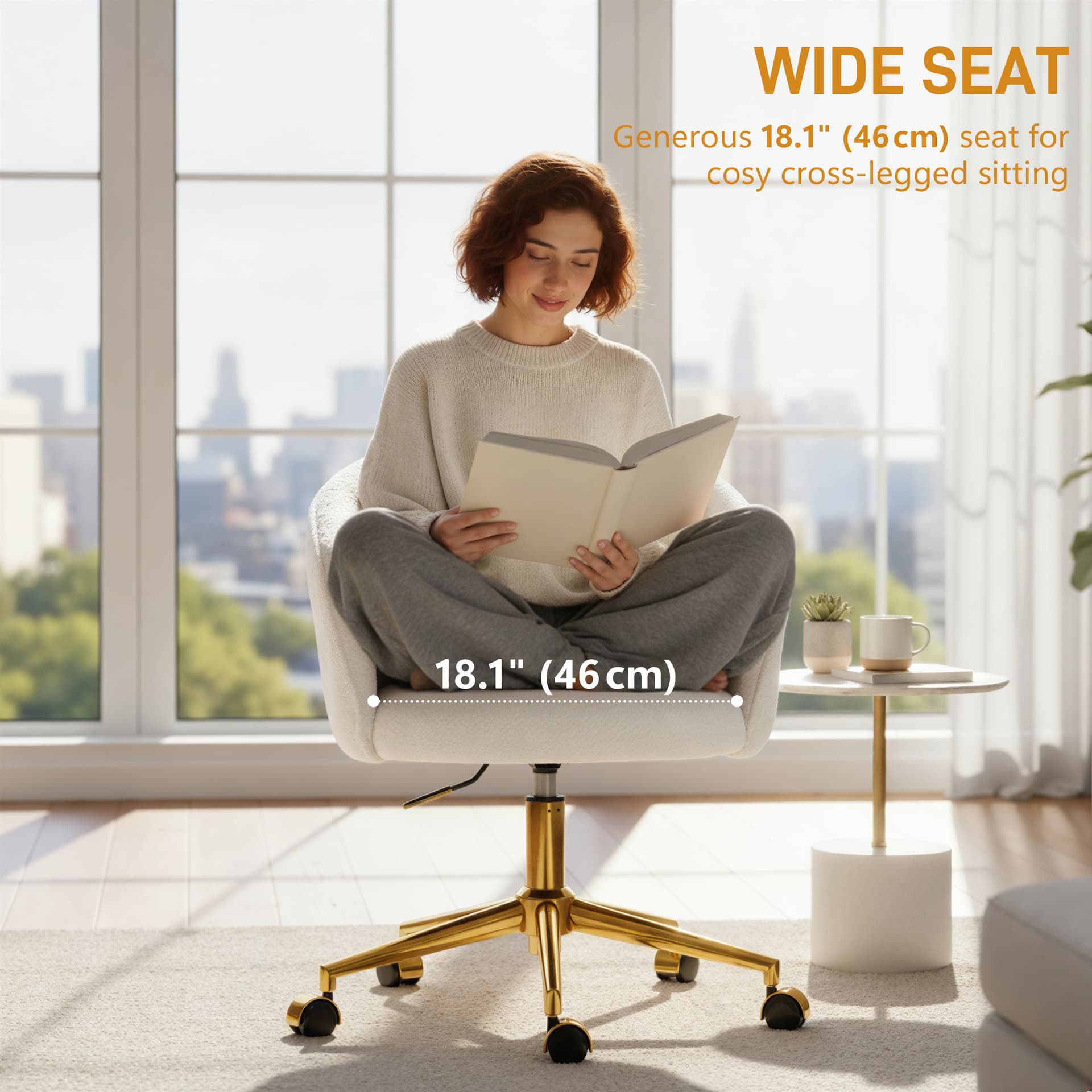 Office Chair, Teddy Fleece Upholstered Vanity Desk Chair, Cream White