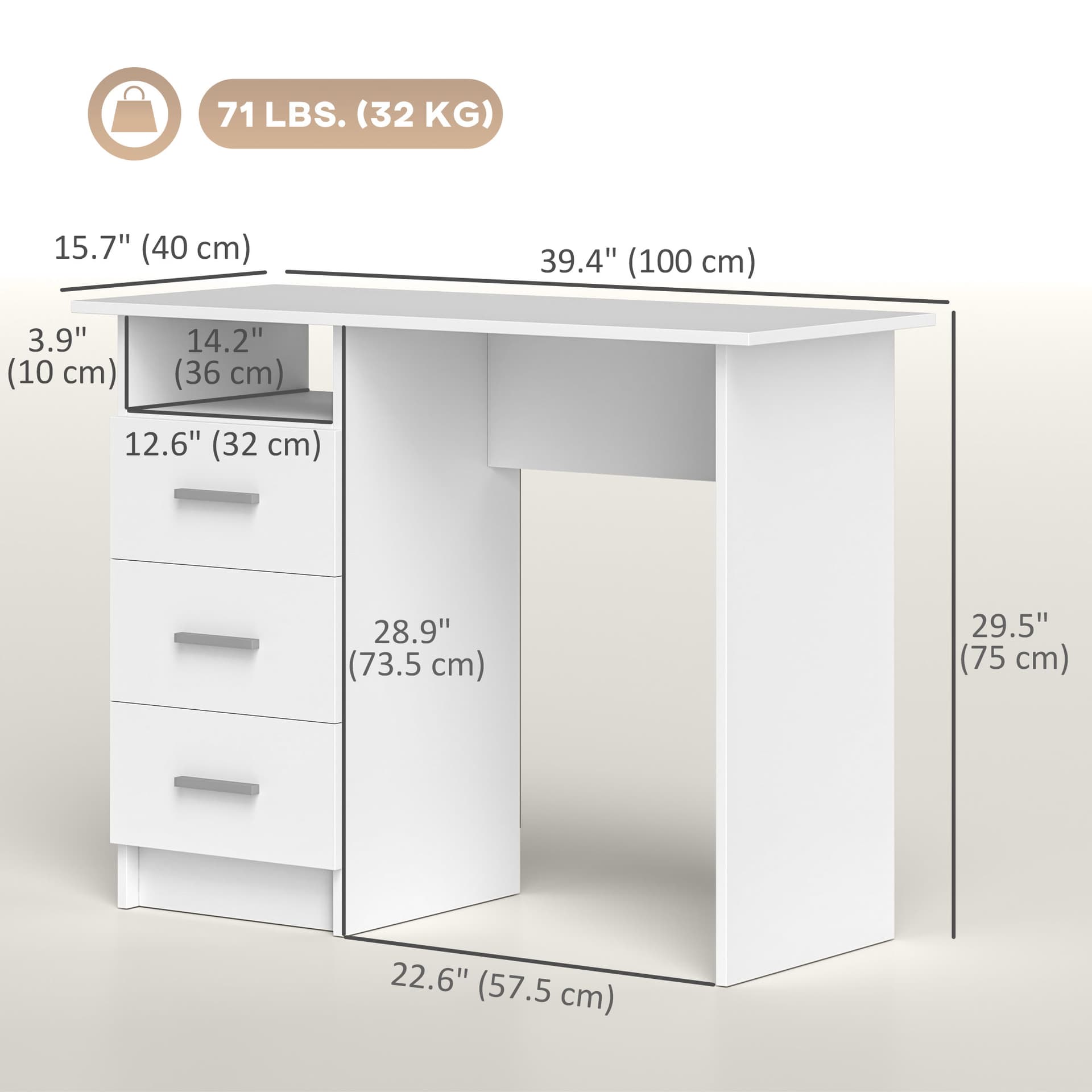 Computer Desk with Storage, 39" Home Office Desk with 3 Drawers nad Open Shelf, Writing Table for Bedroom, White