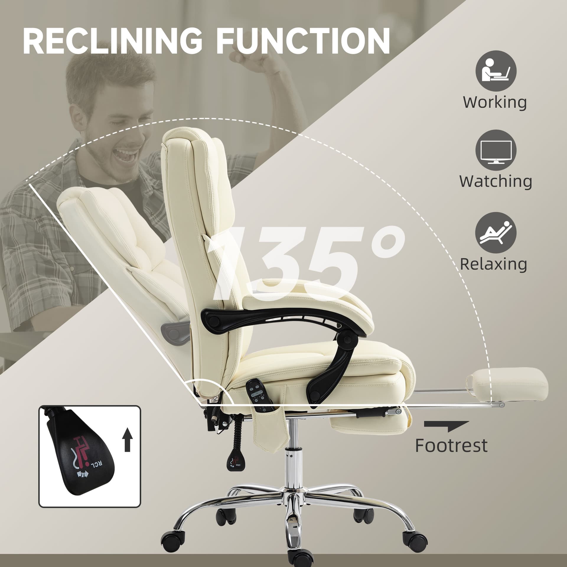 Massage Office Chair, Reclining Executive Office Chair with 6-Point Vibration, Footrest and High Back, White