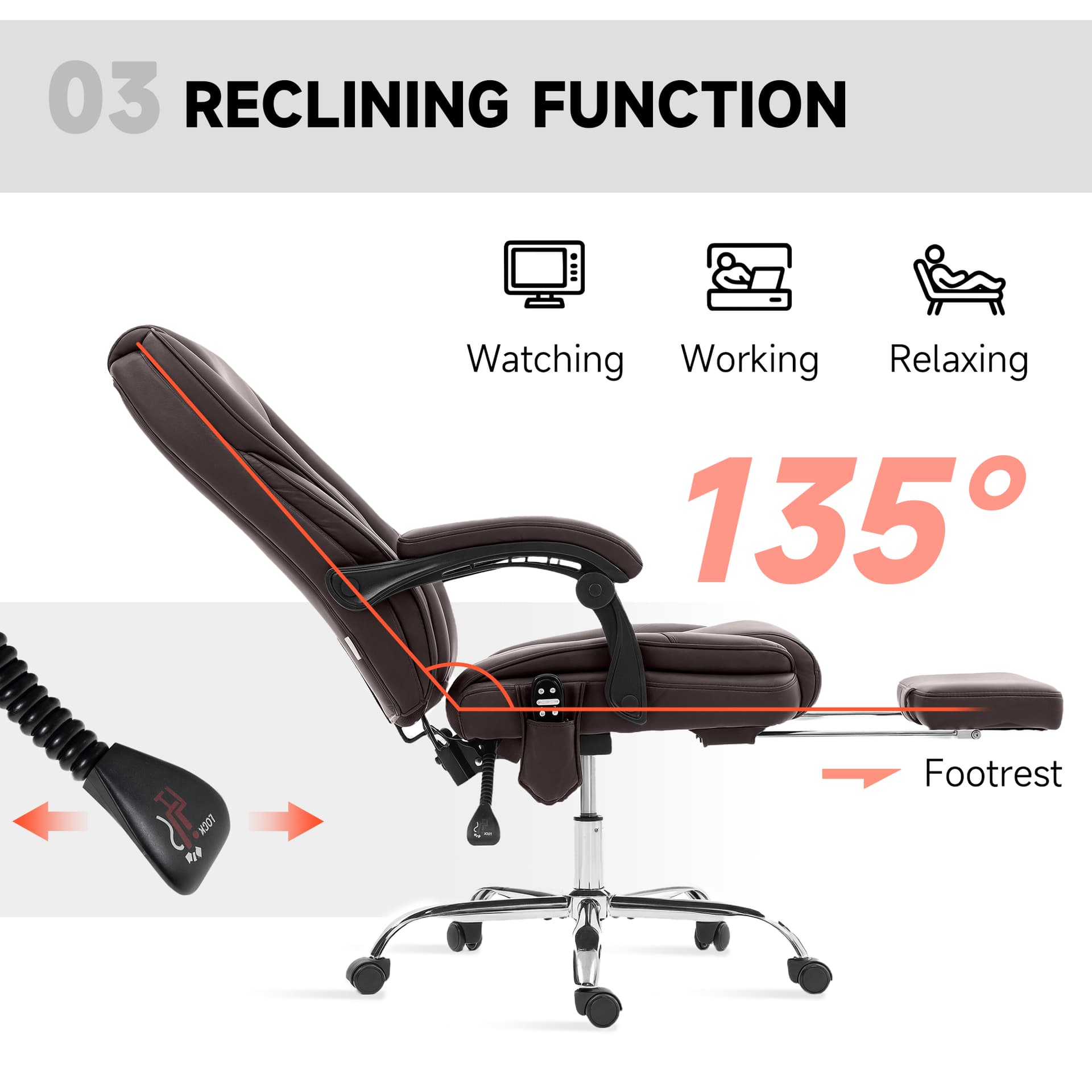Massage Office Chair, Reclining Computer Chair with Adjustable Height and Footrest, Dark Brown