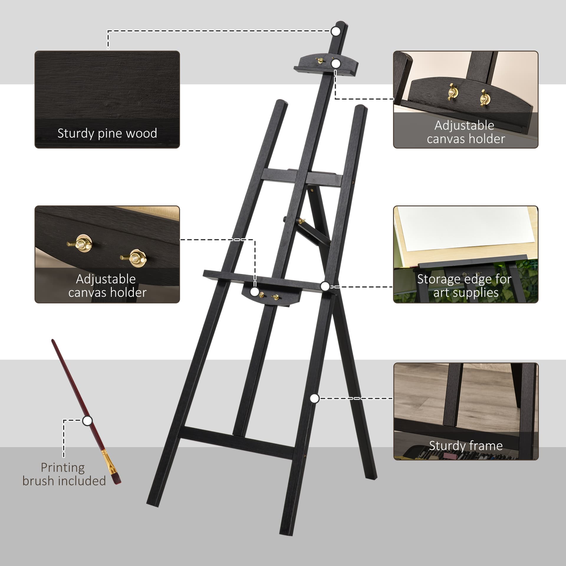 55" Pine Wood Painting Easel Stand, Adjustable Folding Art Easel, Tilts up to 75° for Adults, Begginners and Students, Black