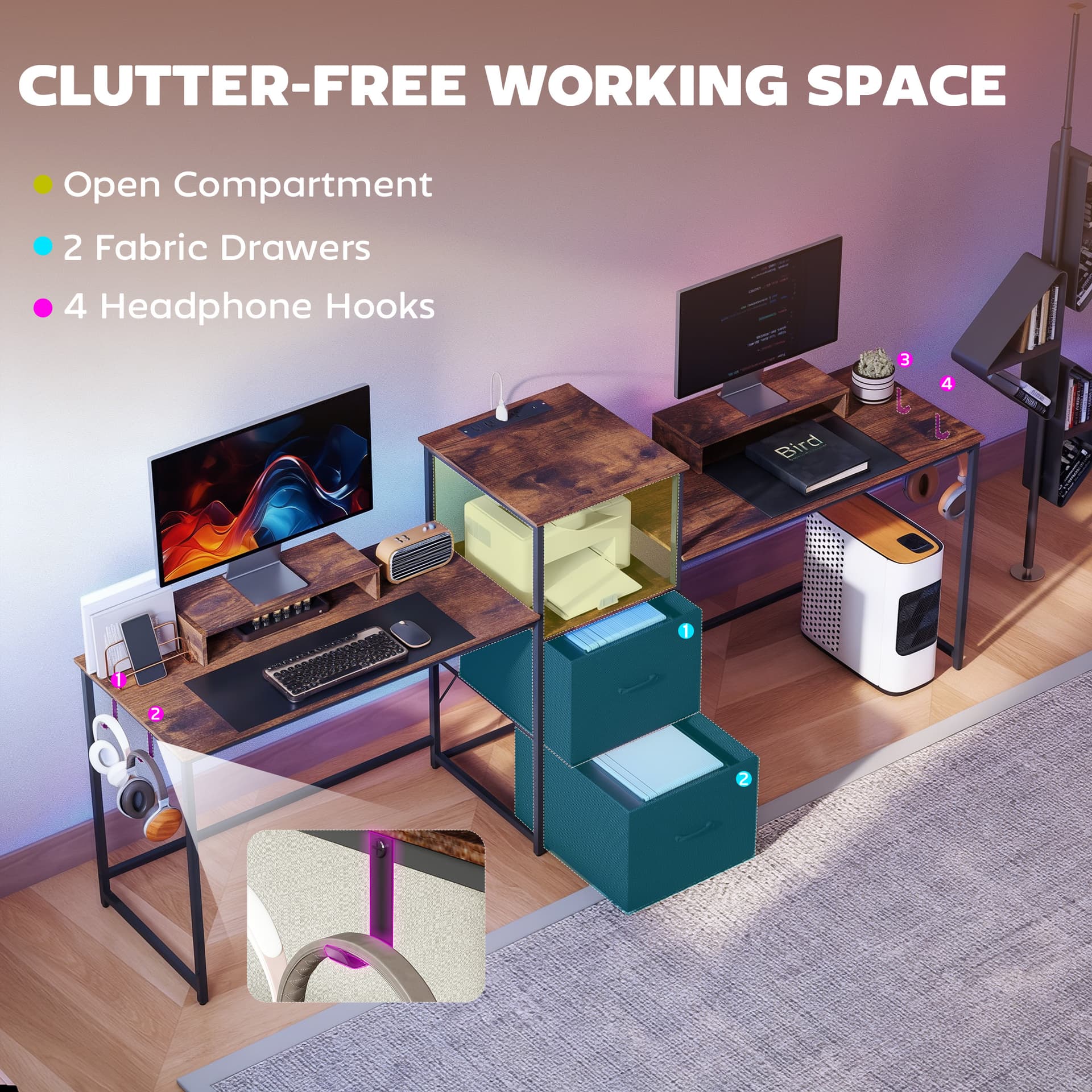 96 Inch Gaming Desk, Dual Computer Desk for 2 Person with Power Outlets and Monitor Stands, Rustic Brown