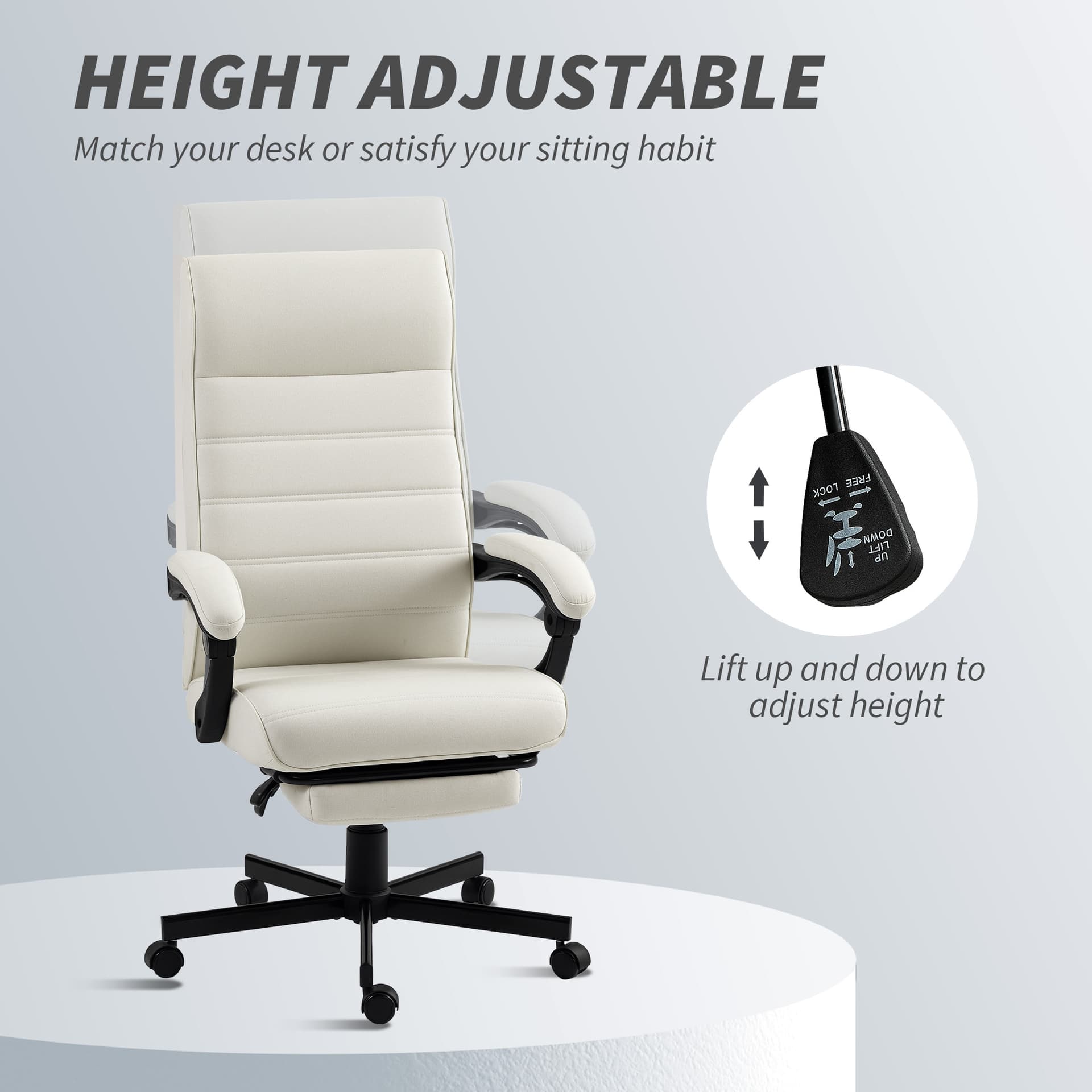 Office Chair, High Back Desk Chair, Swivel Recliner with Adjustable Height, Footrest and Padded Armrest, Cream White