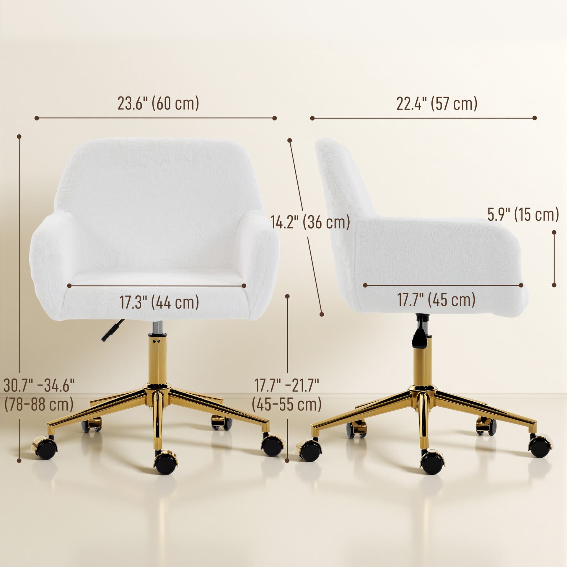 Office Chair, Faux Rabbit Fur Upholstered Vanity Desk Chair, Cream White