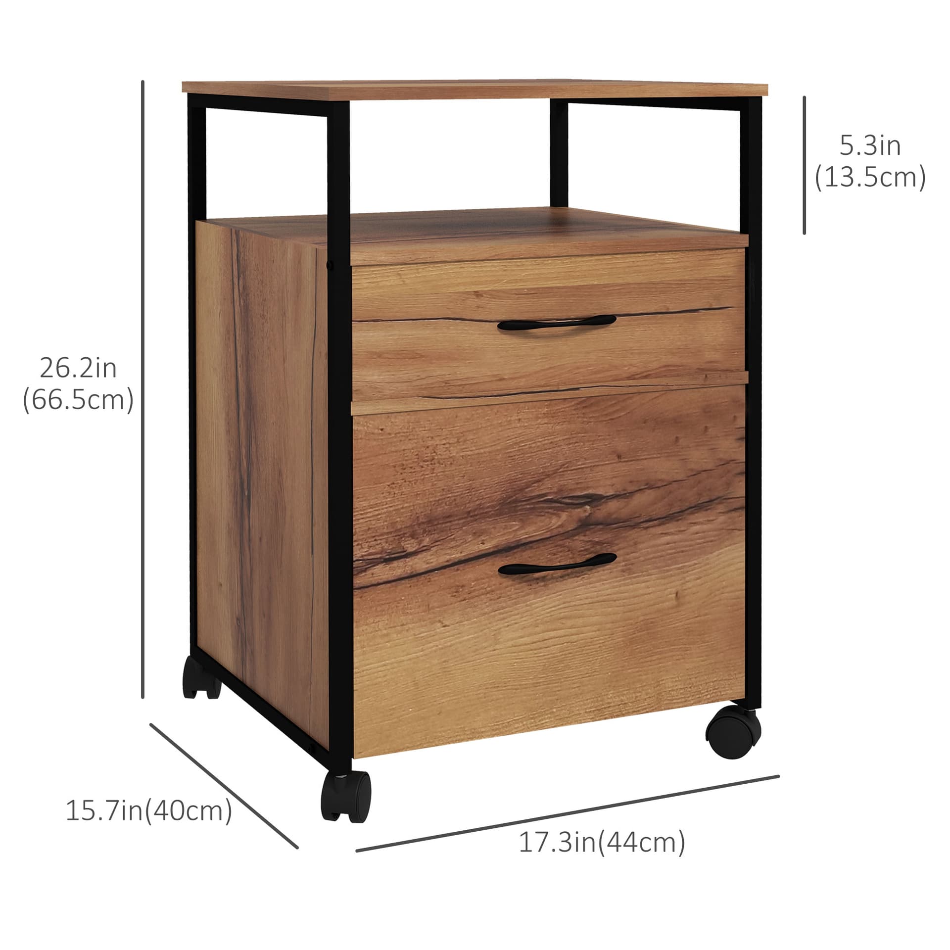 Vertical Filing Cabinet with Wheels, 26.2" Tall File Cabinet with 2 Drawers, Open Shelf, Hanging Bars for Letter and A4, Industrial Home Office Printer Stand, Rustic Brown