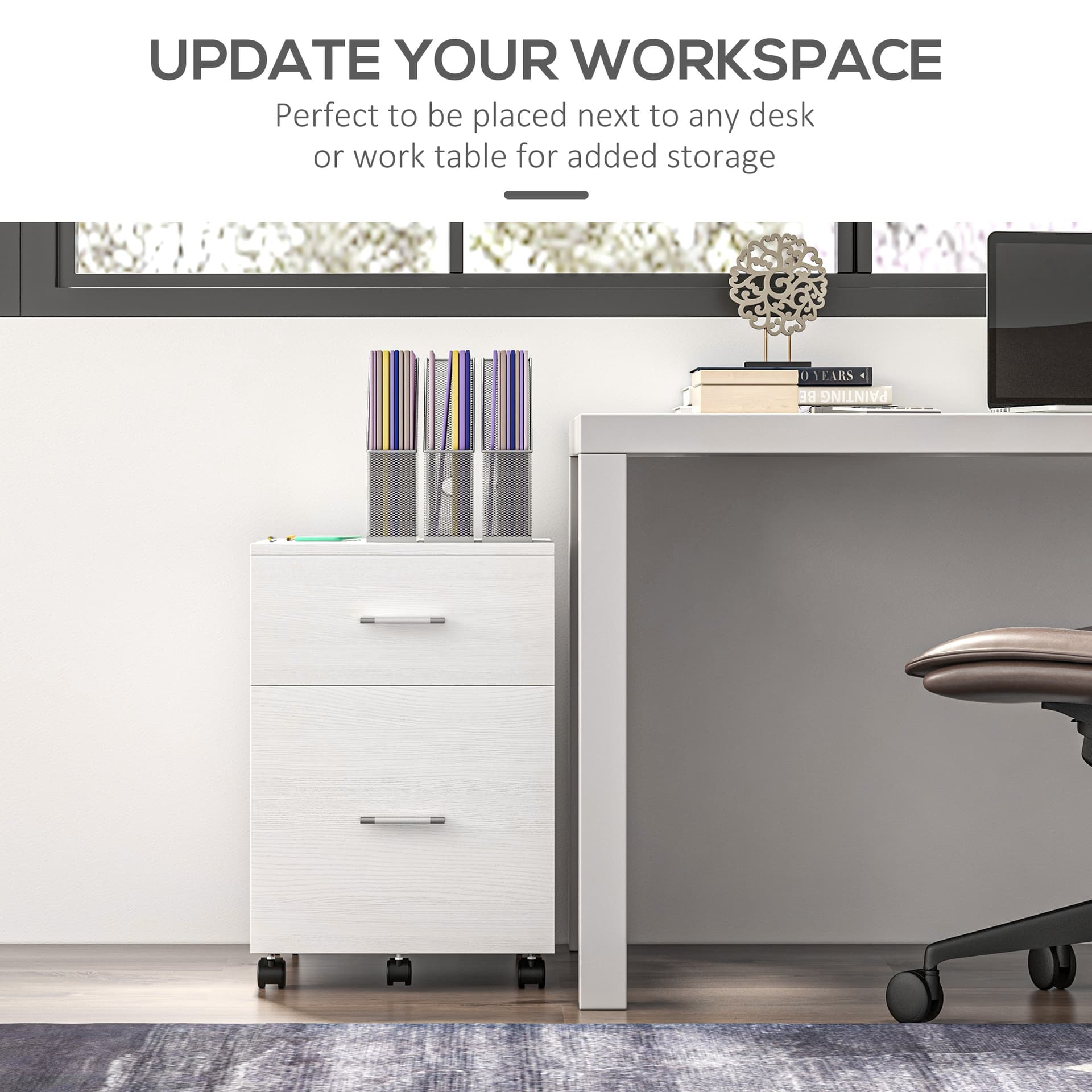 Mobile Filing Cabinet, Vertical File Cabinet with 2 Drawers, Wheels, for Letter or A4 File, White