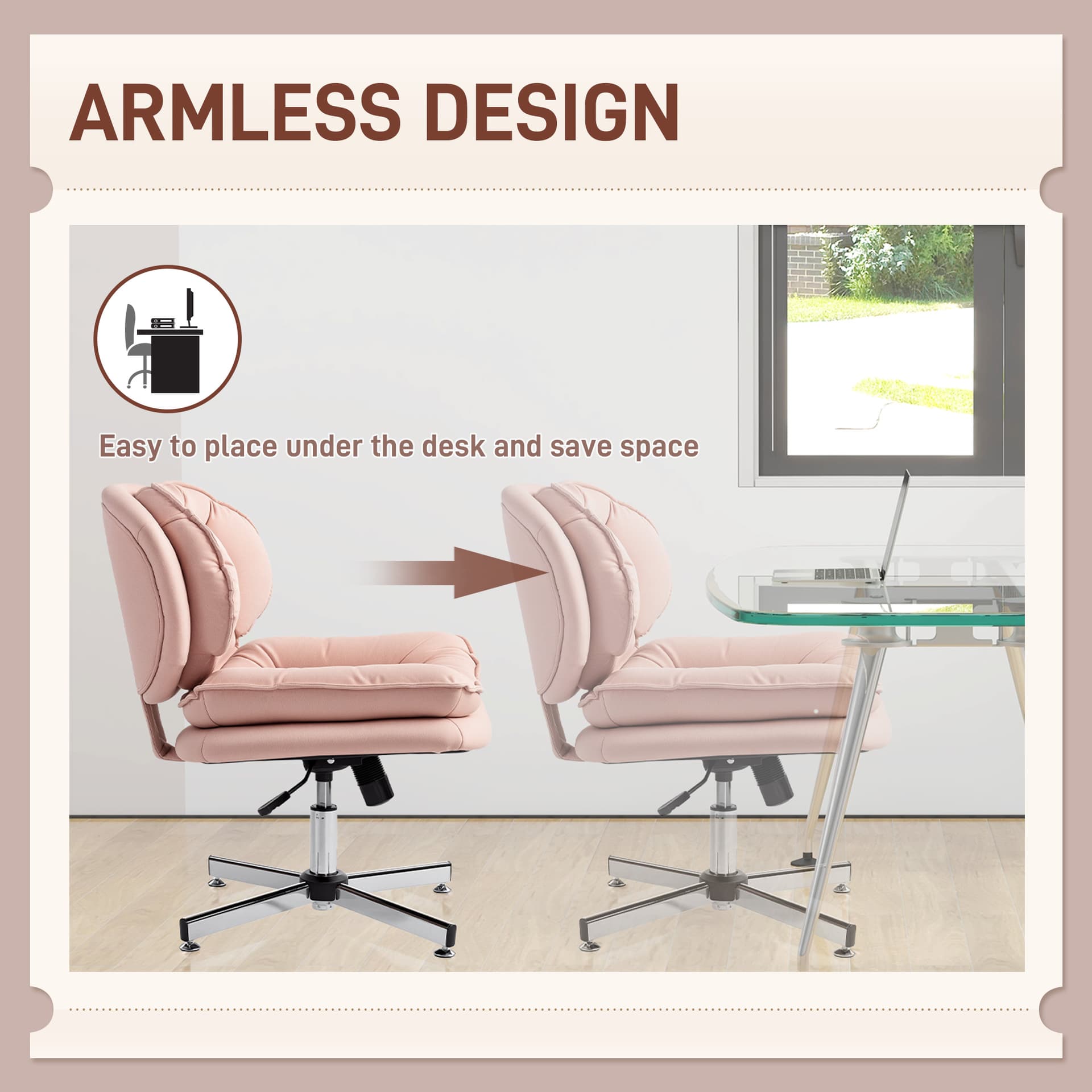 Criss Cross Chair, Armless Wide Office Chair with Leathaire Upholstery, Tilting, No Wheels, Pink