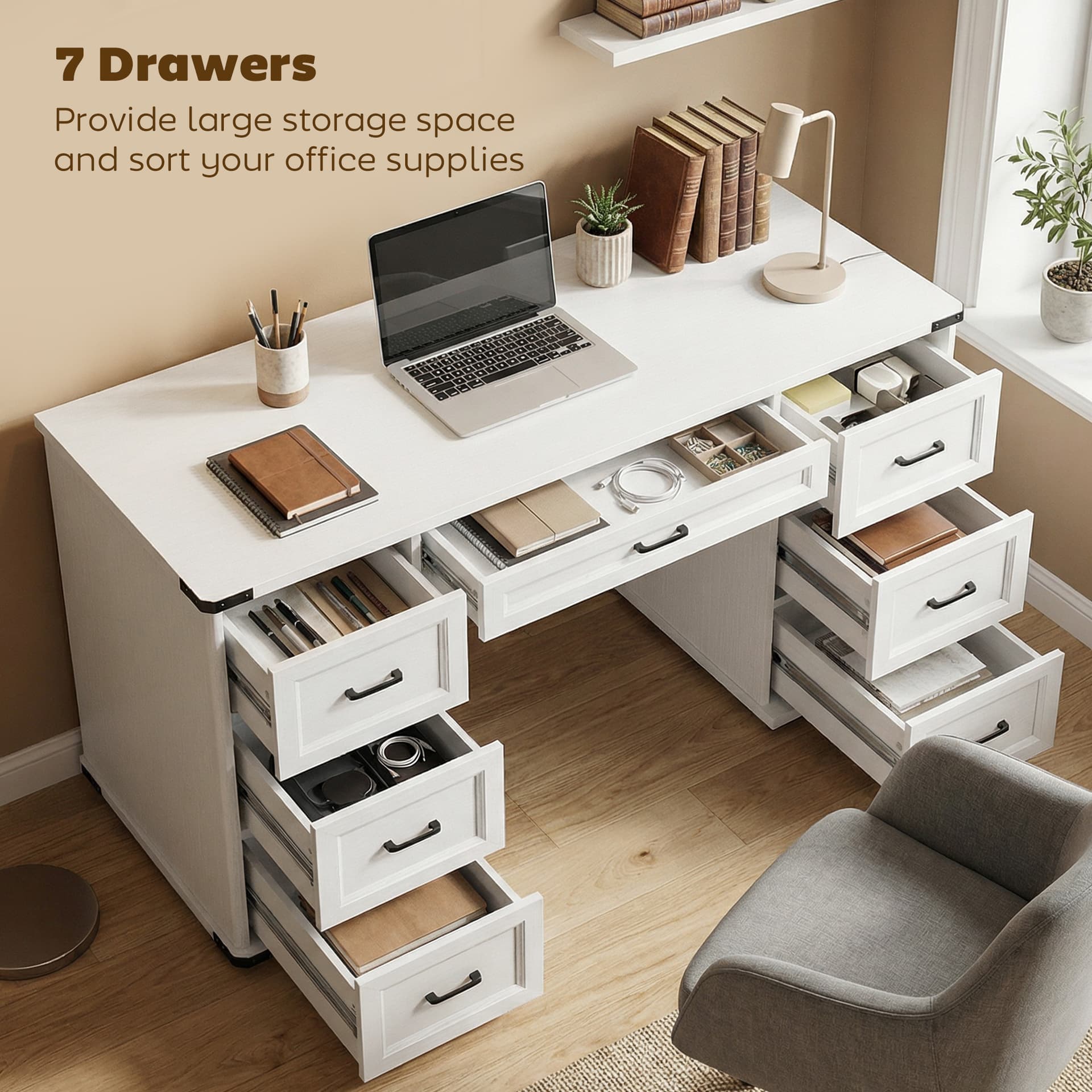 55" Computer Desk with 7 Drawers, Farmhouse Executive Desk for Home Office, Study, Bedroom, White Wood Grain