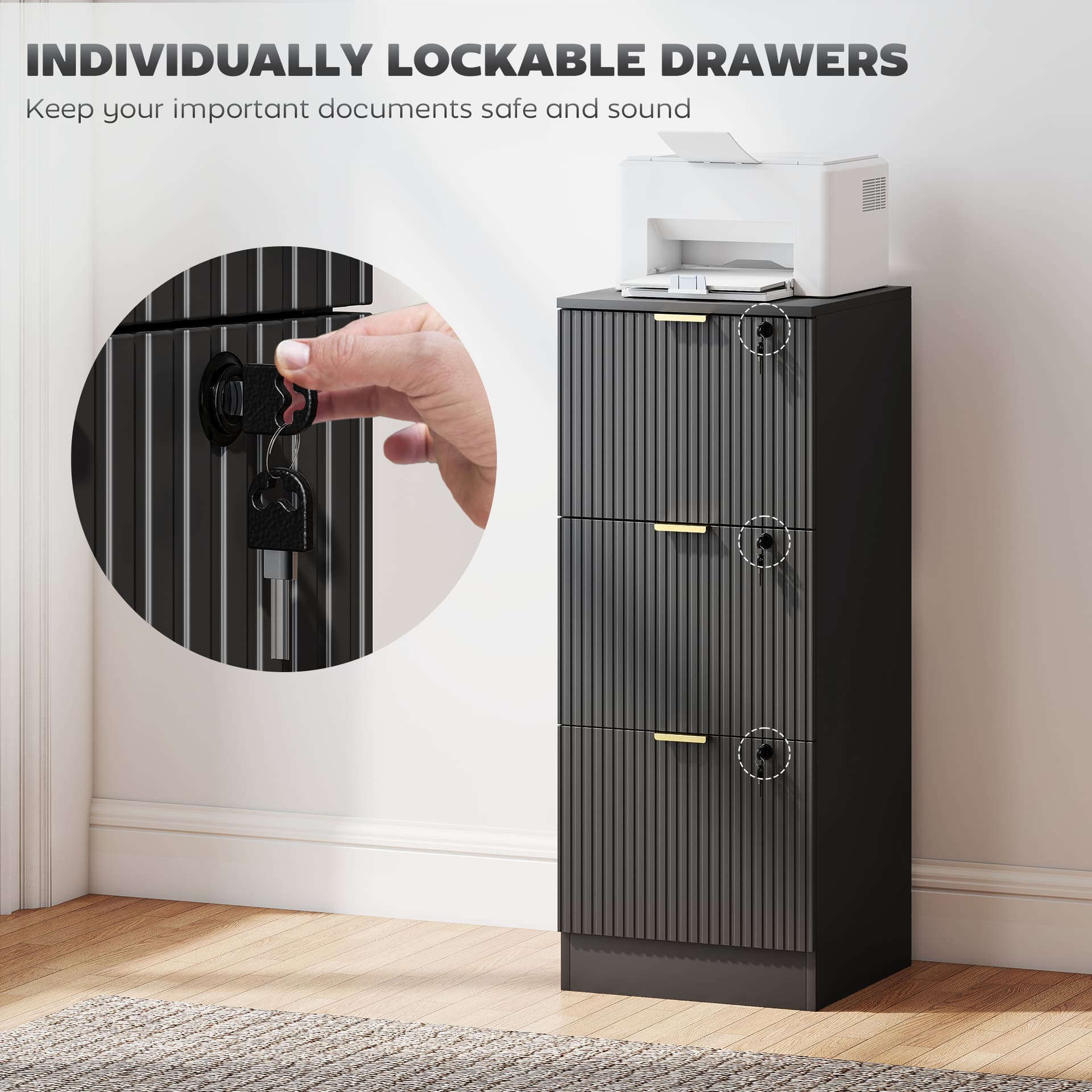 Lockable Filing Cabinet with 3 Fluted Drawers, File Cabinet with Adjustable Hanging Rails for A4 Letter Files, Black