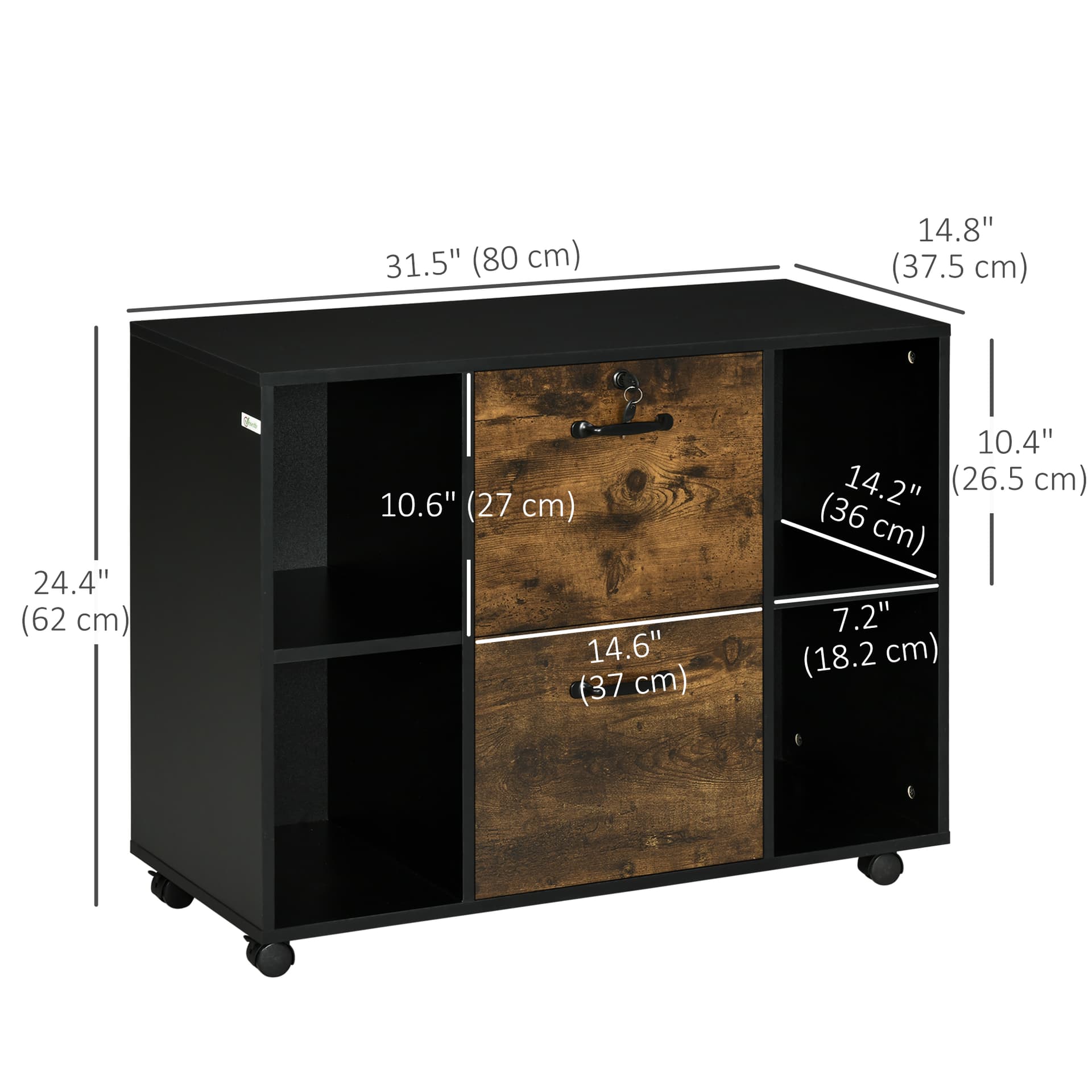 Lateral Filing Cabinet with Wheels and Lockable Drawer, File Cabinet, Mobile Printer Stand with Open Shelves for Letter and A4 Size Documents for Home Office, Rustic Brown