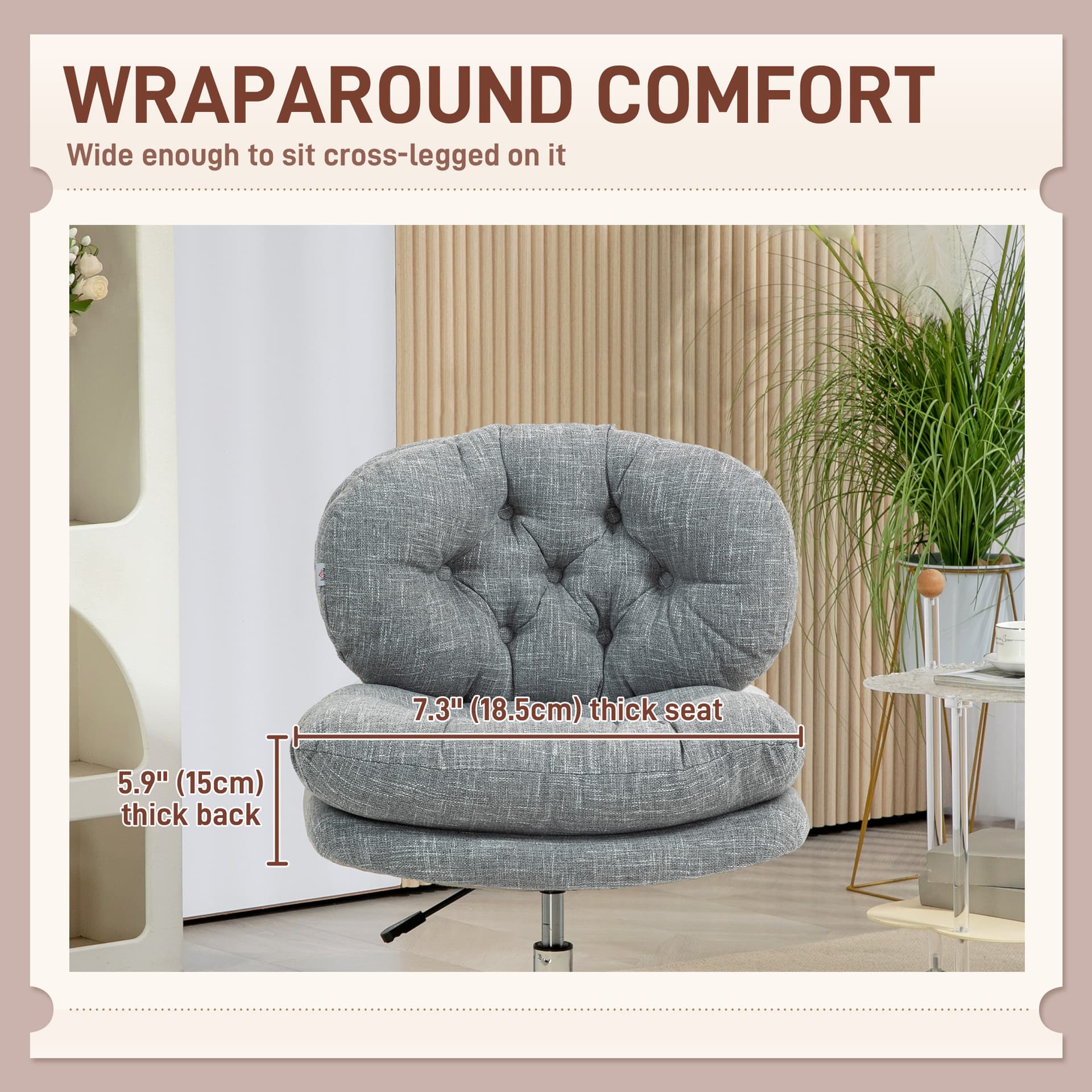 Computer Desk Chair, Armless Office Chair with Wide Padded Seat and Adjustable Height, Grey