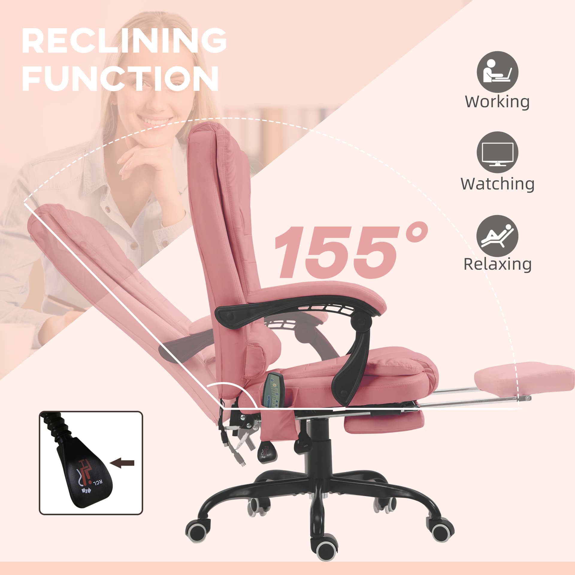 7-Point Vibrating Massage Chair, Reclining Office Chair with Footrest, Reclining Back, Adjustable Height, Pink