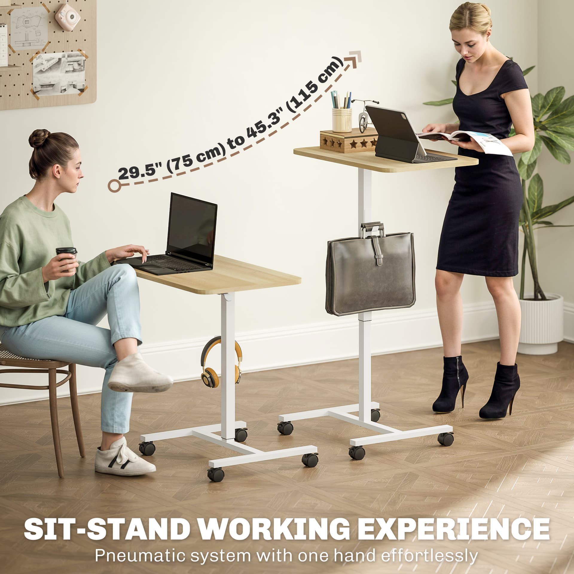 Height Adjustable Standing Desk, Pneumatic Sit Stand Desk with Wheels and Headphone Hook for Home Office, Natural