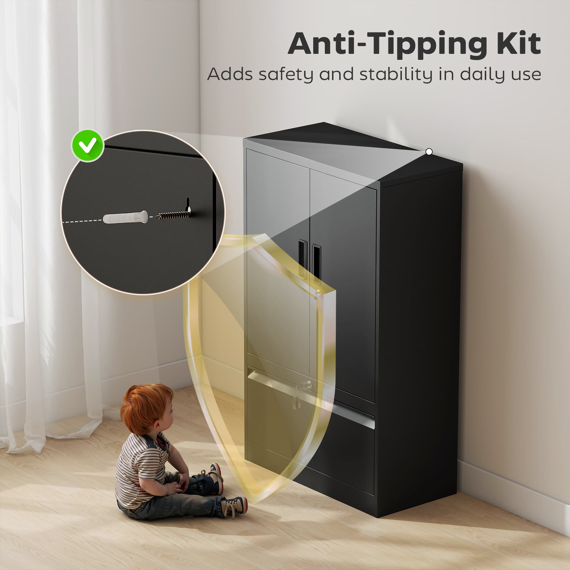 Lateral Filing Cabinet, Metal Storage Cabinet, Garage Cabinet with Double Locks, Adjustable Shelf and File Drawer, Black