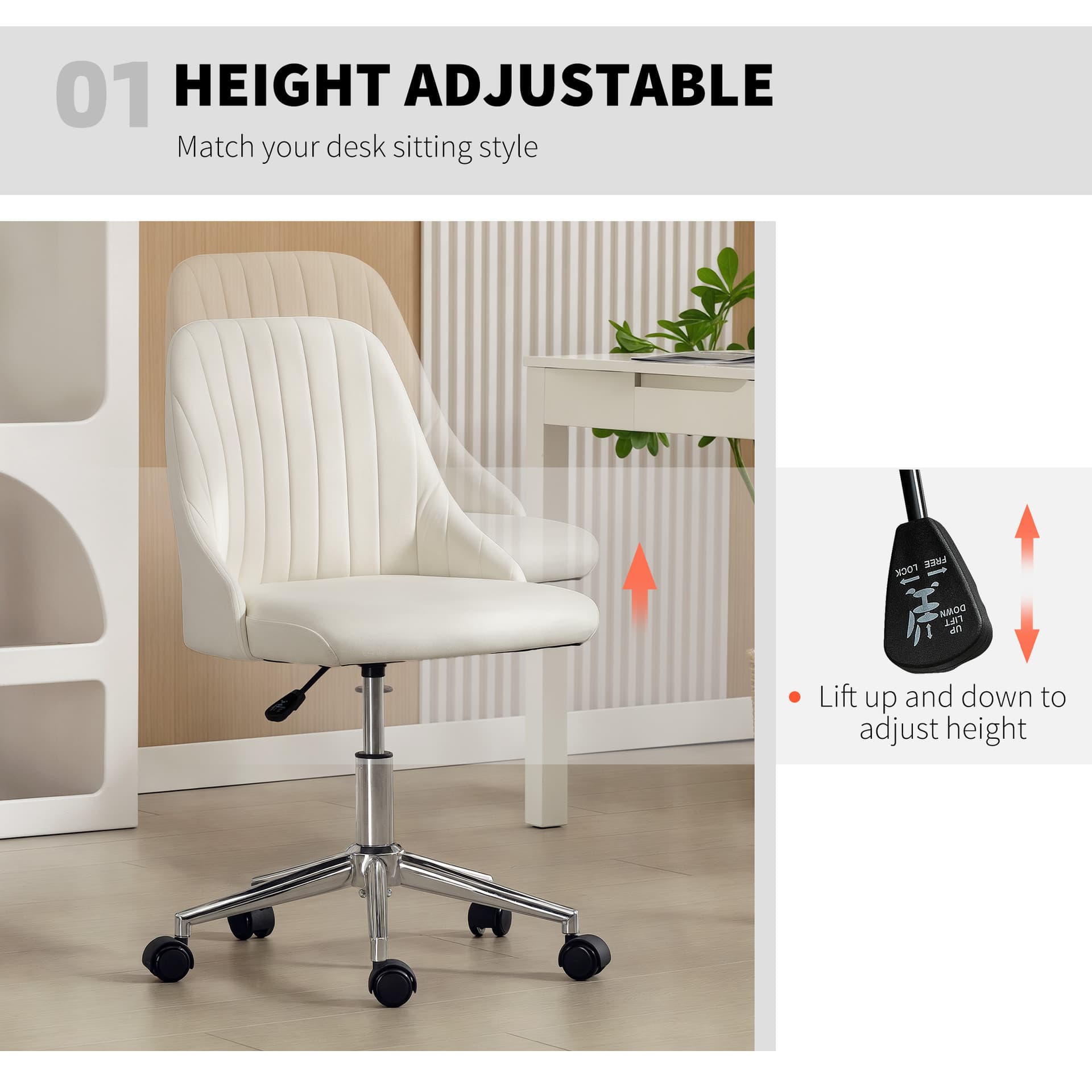 Vanity Chair for Makeup, Velvet Comfy Office Chair with Adjustable Height, Swivel Wheels for Bedroom, Living Room, Cream