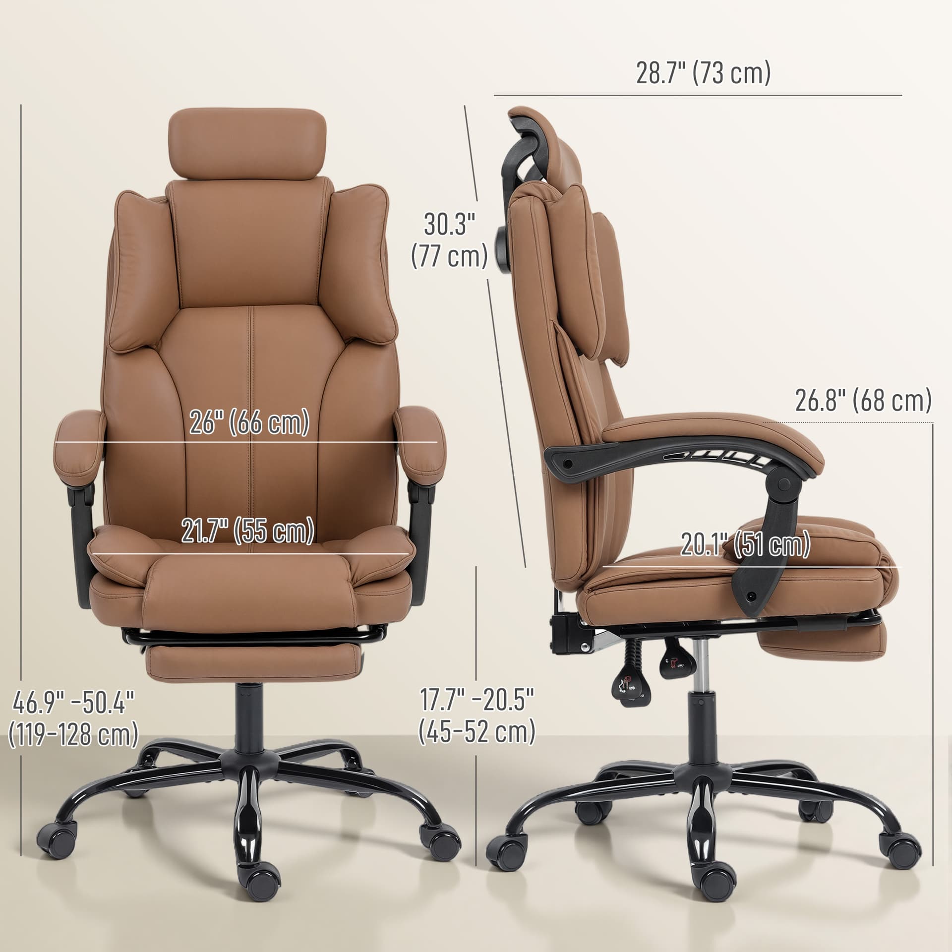 Reclining Office Chair, Executive Desk Chair with Pet-Friendly Fabric, Headrest, Footrest, Swivel Wheels, Brown