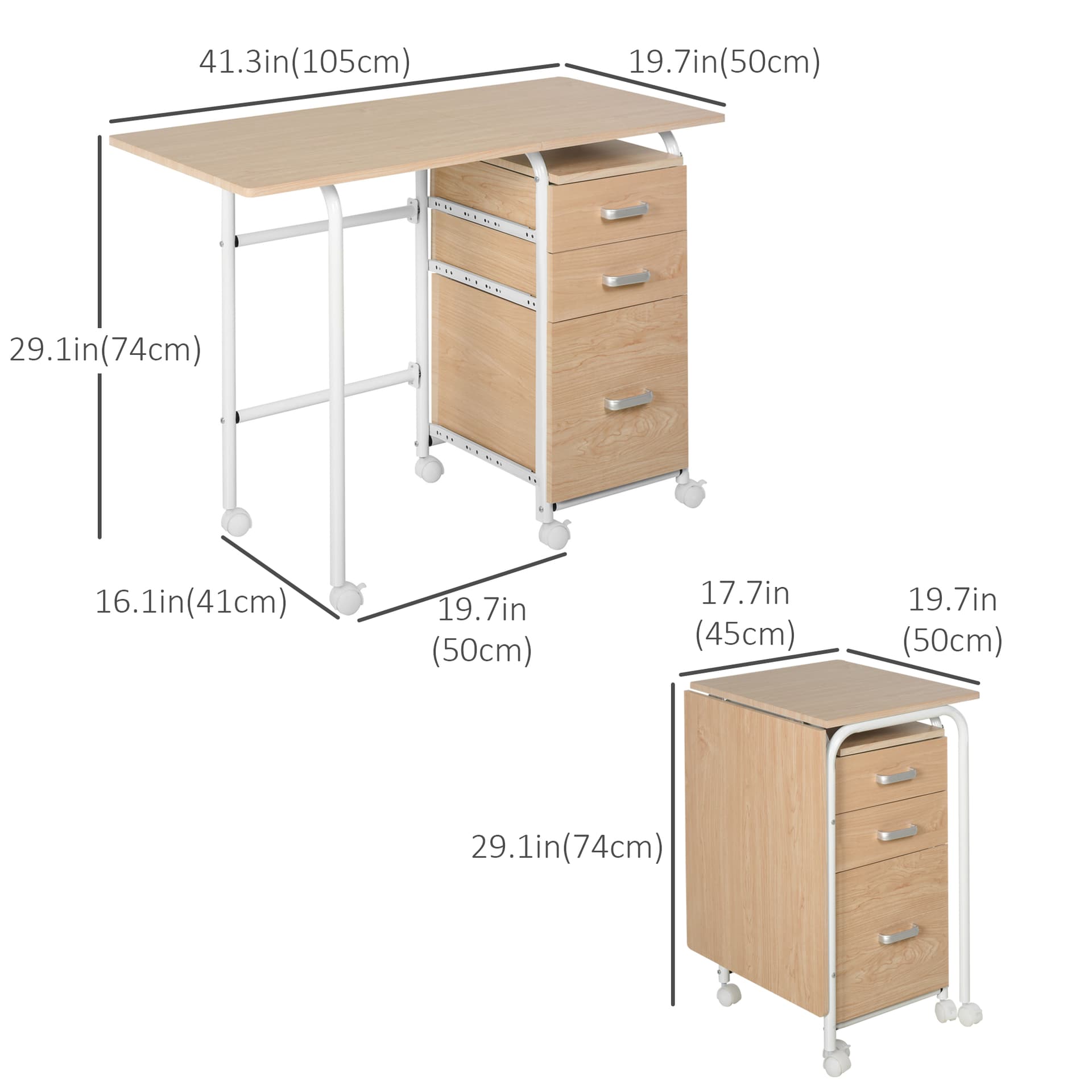 Foldable Computer Desk with Drawers, Executive Student Table with Storage Shelf, 6 Wheels for Bedroom Home Office Workstation, Natural