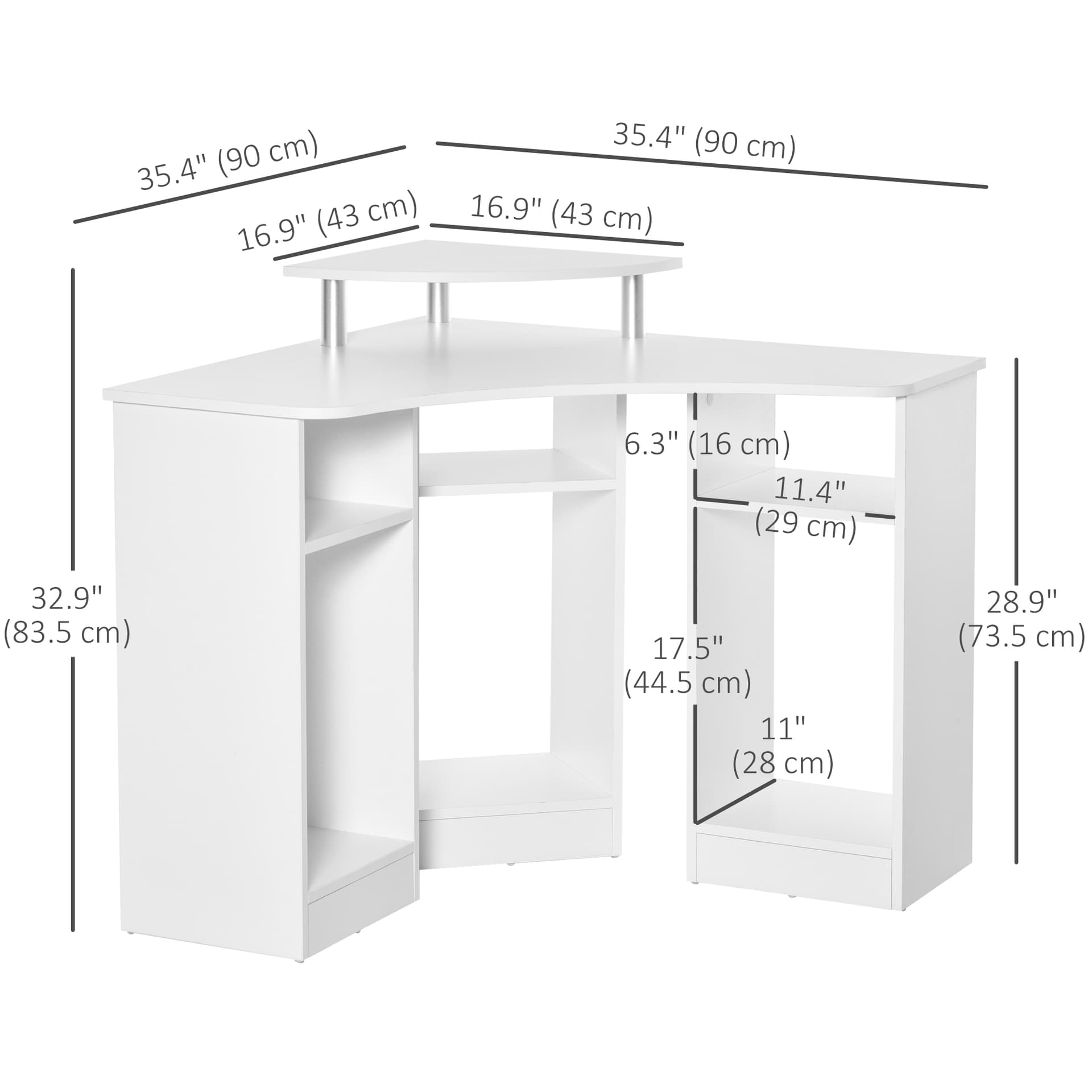 35" L-Shaped Computer Desk with Monitor Stand and Open Shelves, Home Office Corner Desk Study Workstation for Small Space, White