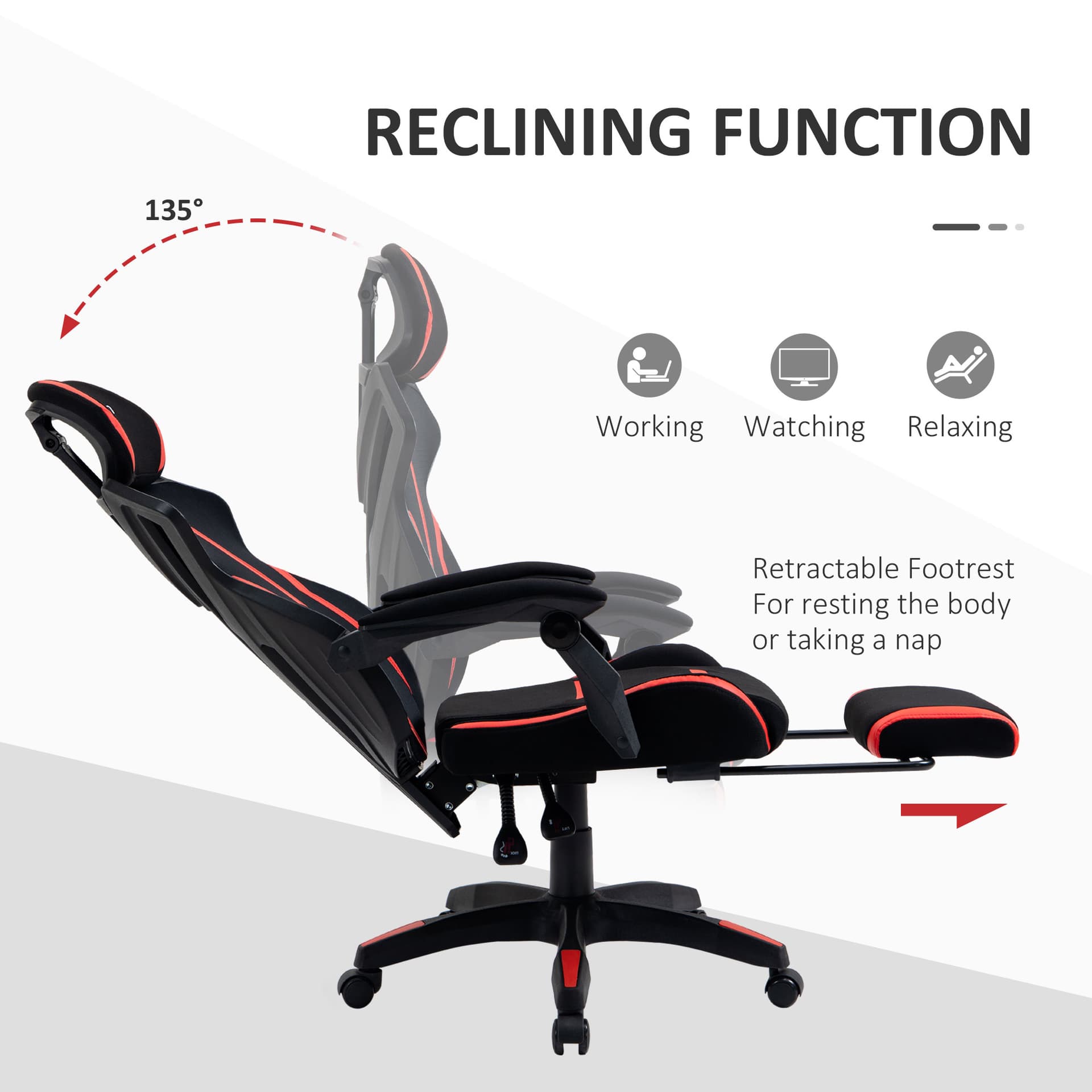 Racing Gaming Chair, Ergonomic Computer Chair with Footrest, Headrest, High Back Recliner Swivel Seat with Adjustable Height, Black Red