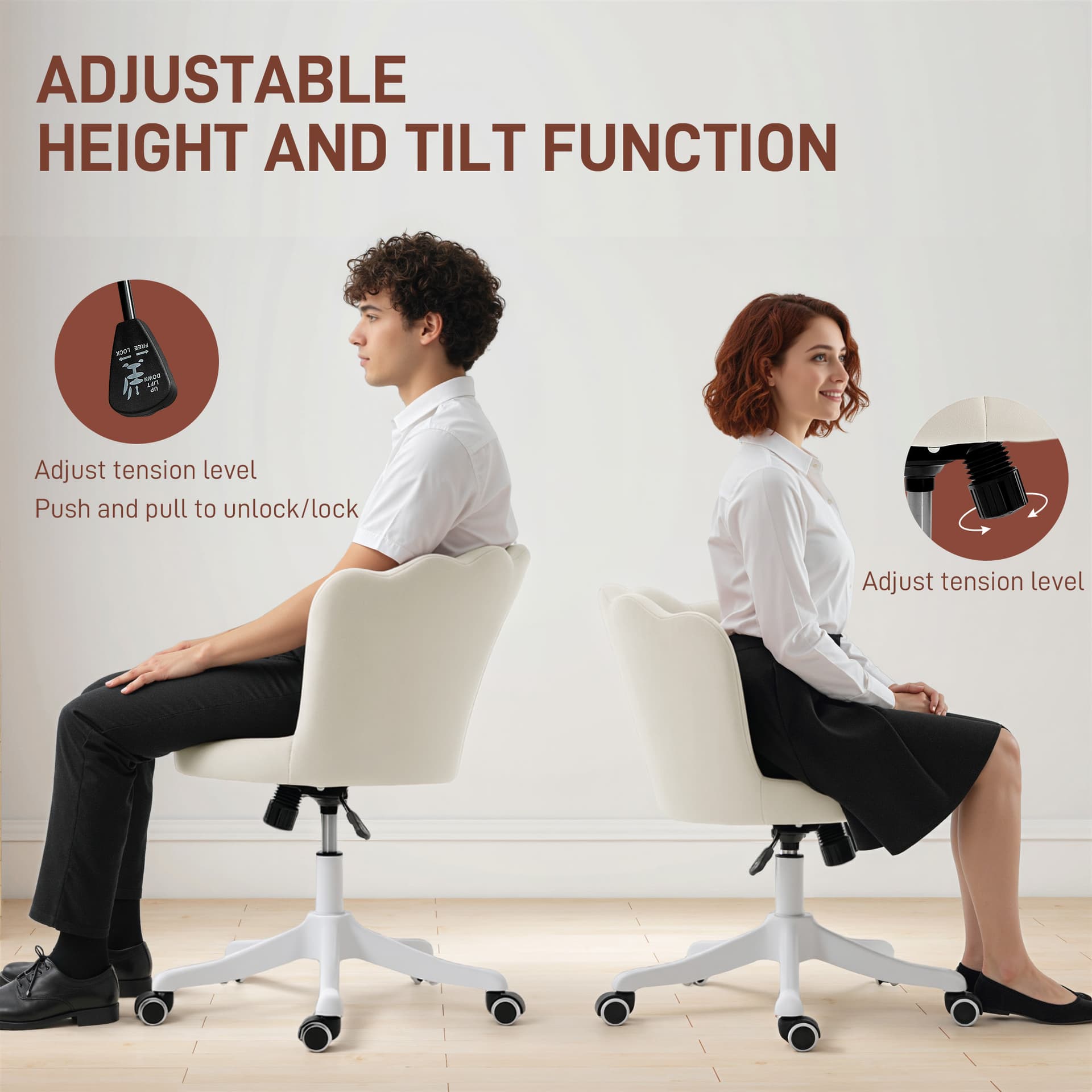 Office Chair, Armless Swivel Desk Chair with Adjustable Height, Backrest, Tilt Function for Office, Vanity, Cream