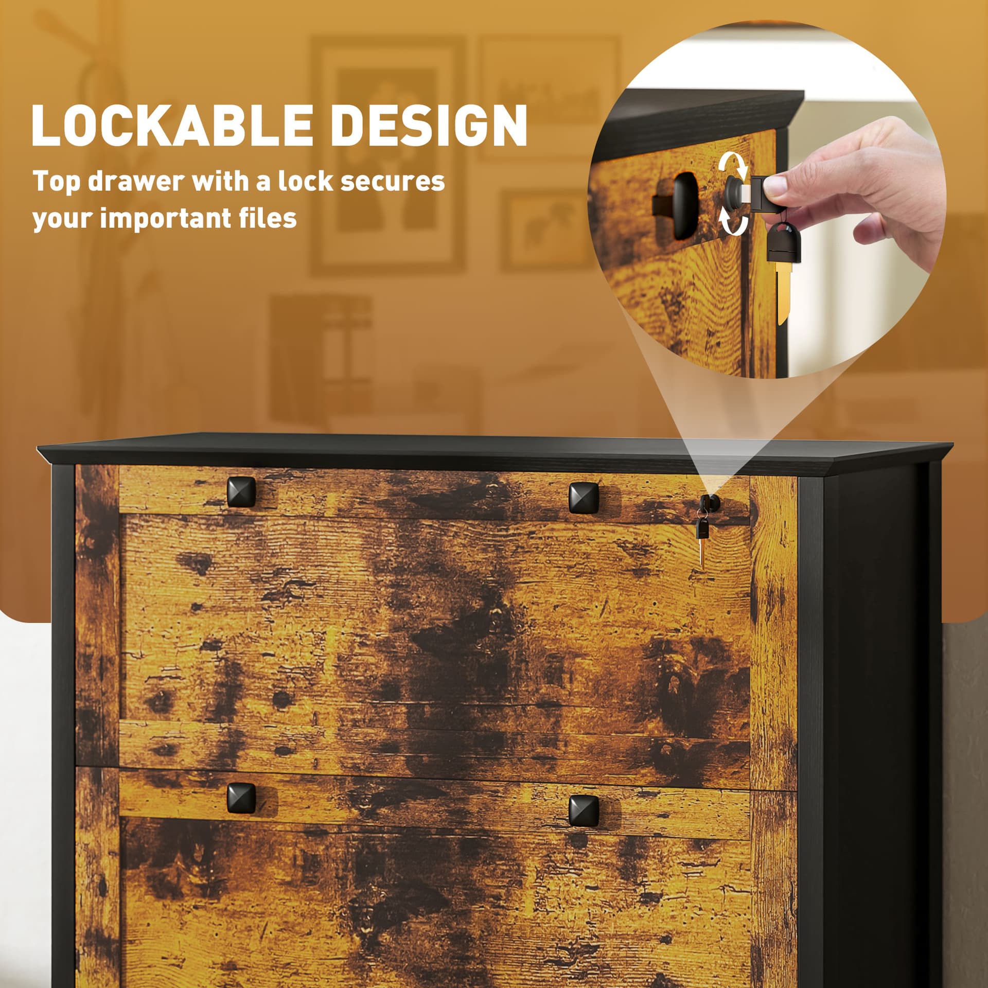 2 Drawer File Cabinet, Lockable Filing Cabinet with Adjustable Hanging Bar for Letter, A4 Size, Rustic Brown