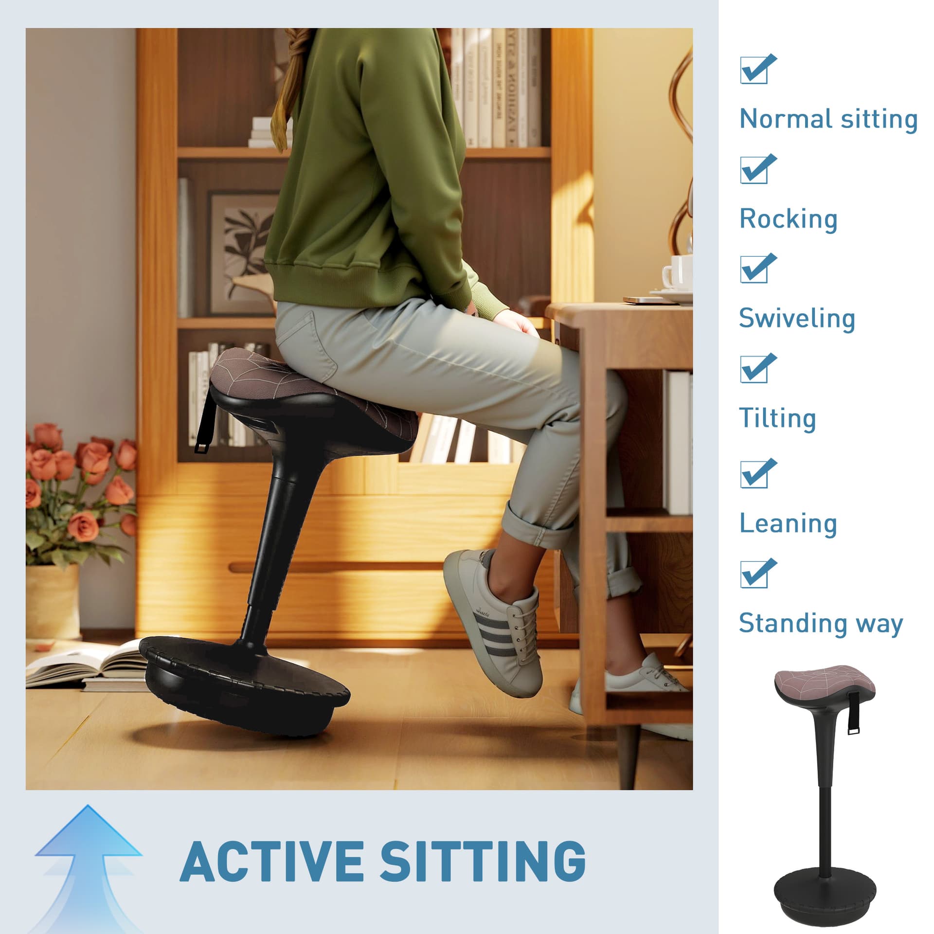 Backless Wobble Stool Chair, Standing Desk Chair, Adjustable Learning Stool for Office Desks, with Rocking Motion, Brown