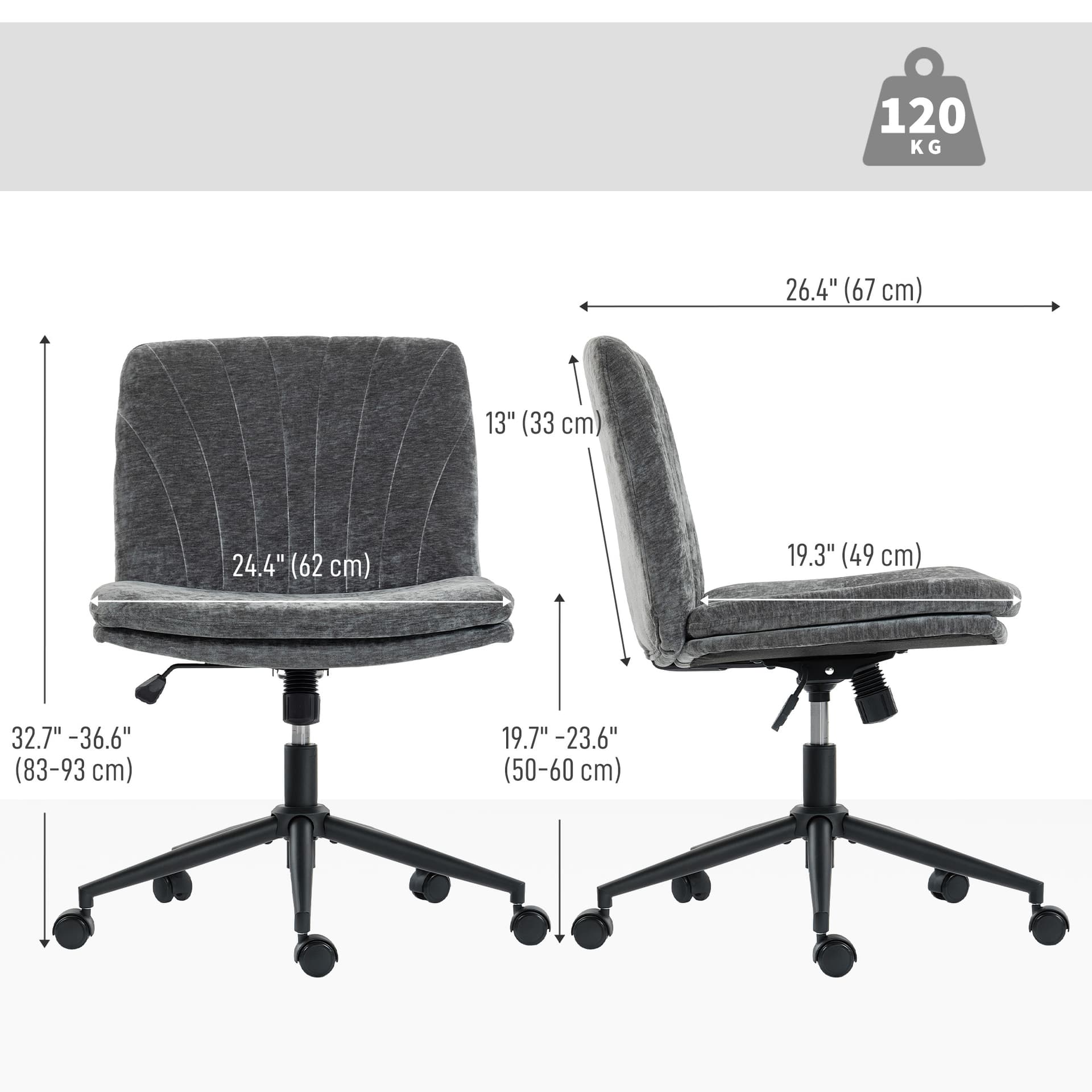 Criss Cross Chair with Wheels, Wide Office Chair with No Arms, Adjustable Height, Tilting, Grey