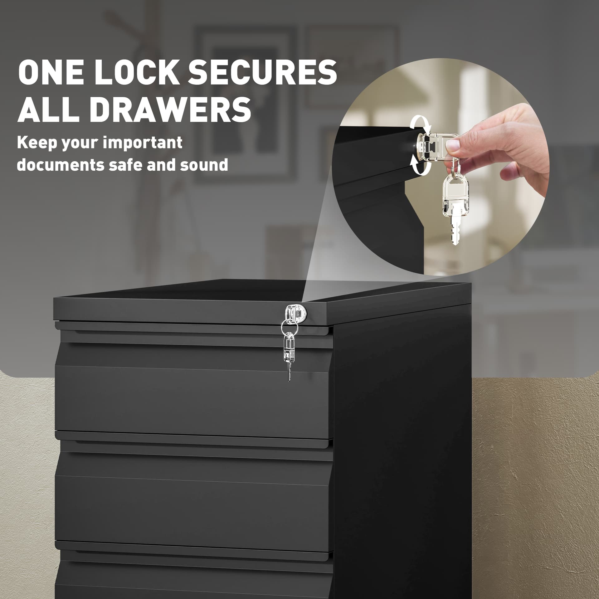 3 Drawer Filing Cabinet with Lock, Steel Office Storage Cabinet with Hanging Bar for A4, Legal, Letter Files, Black