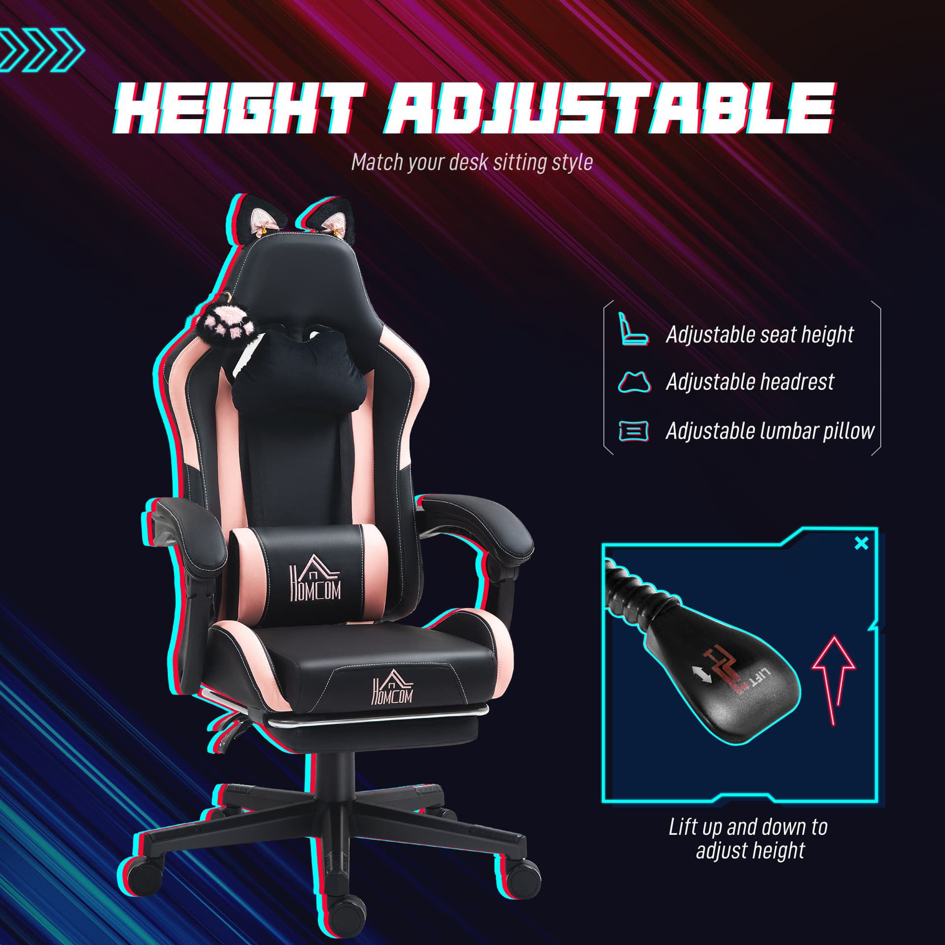 Cute Racing Gamer Chair, Faux Leather Gaming Chair with Footrest, Headrest and Lumbar Support, Black