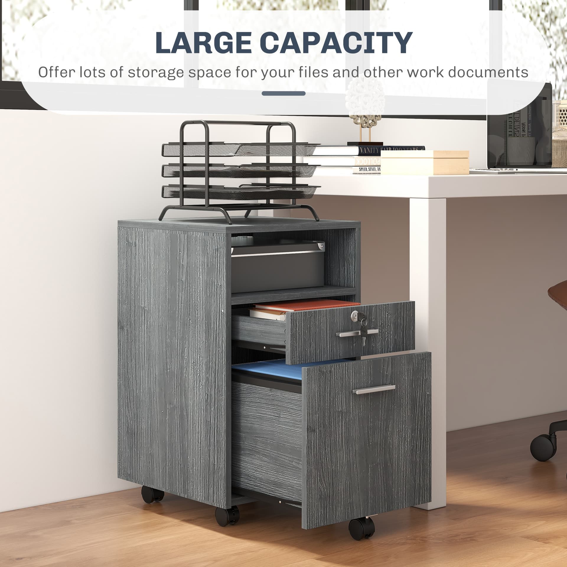 Small Filing Cabinet with 2 Drawers, Lockable Home Office Storage Cabinets on Wheels for A4, Letter Size, Grey