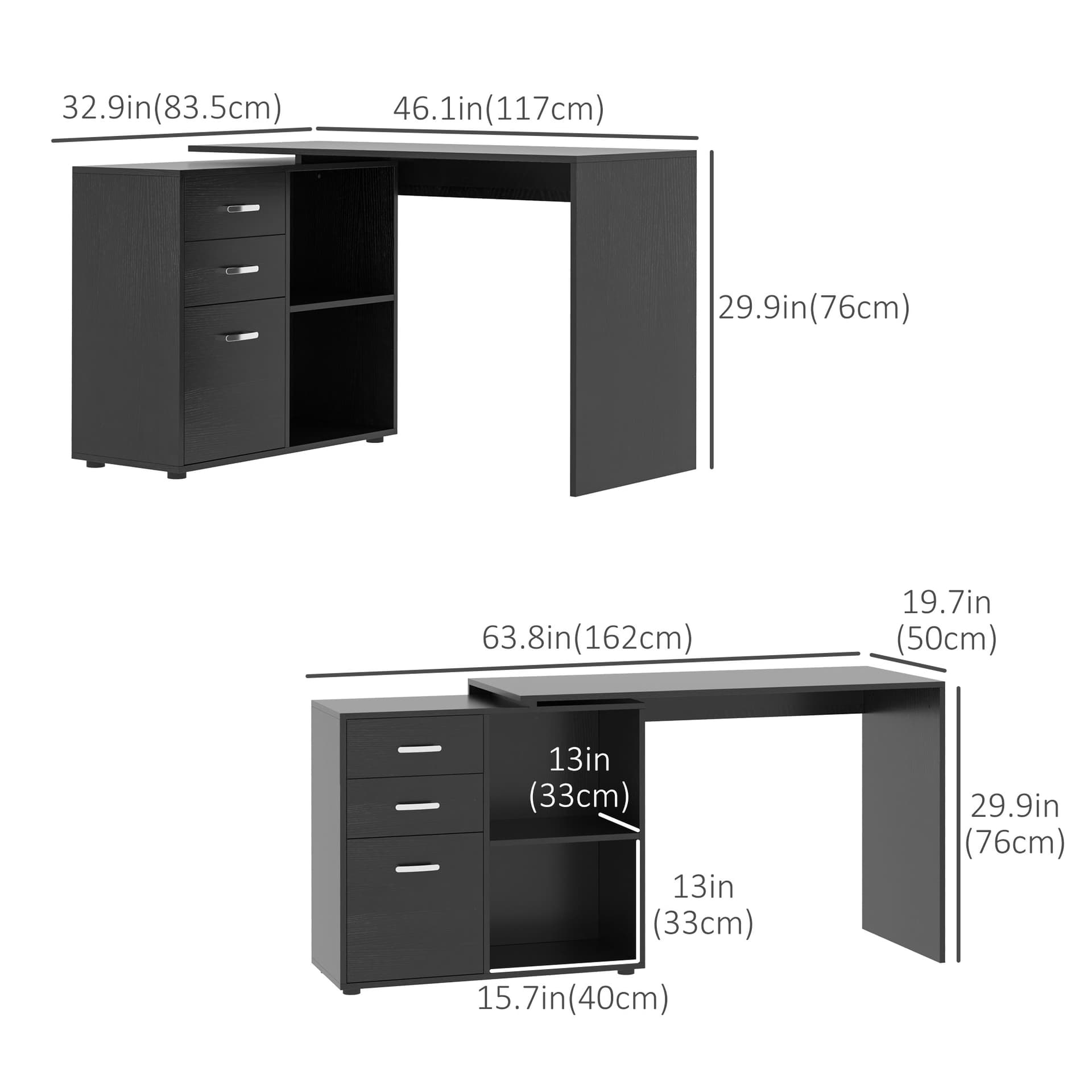 L-Shaped Corner Straight Writing Desk with Storage Shelf, Drawer, Home Office PC Table Computer Workstation, Black