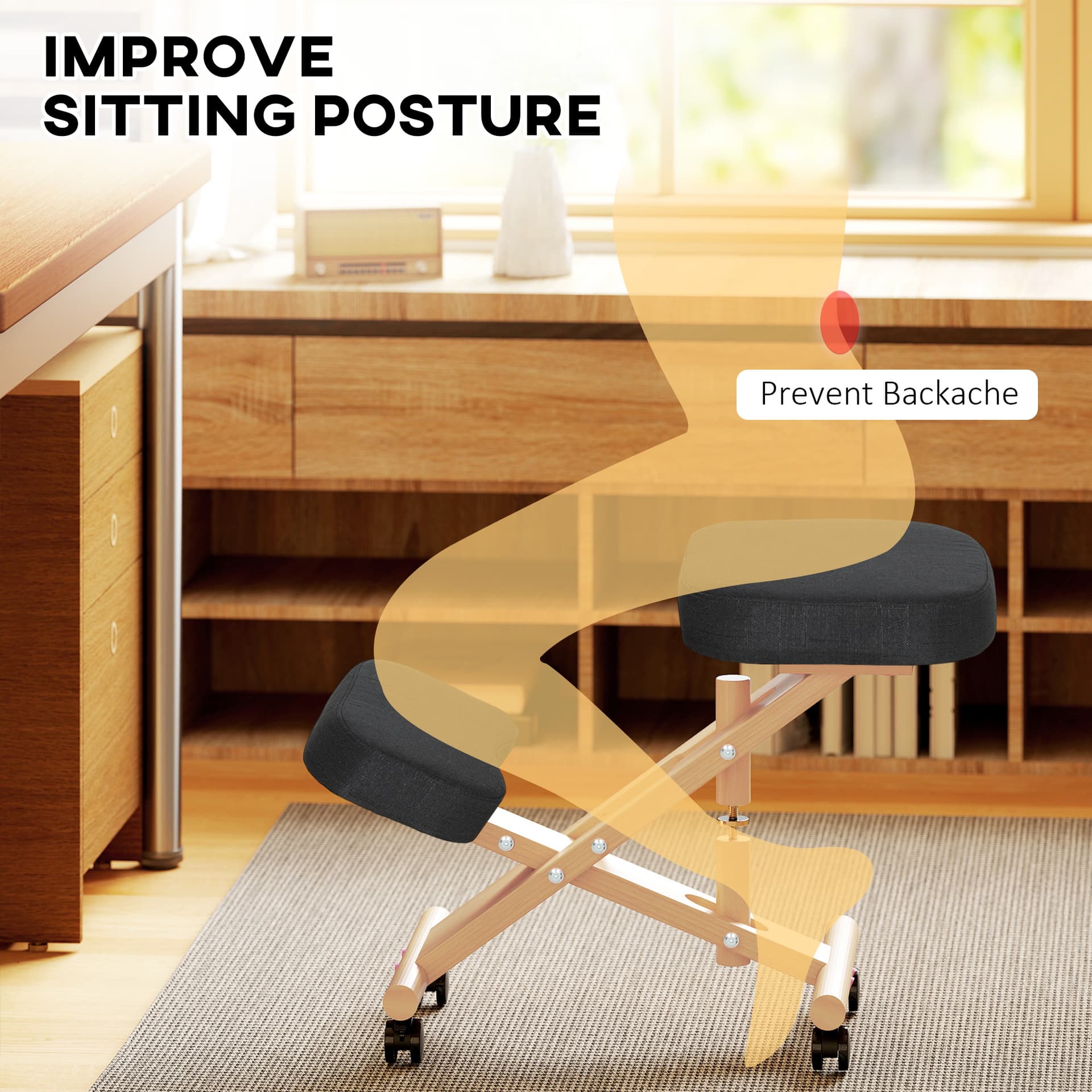 Ergonomic Kneeling Chair, Posture Chair with Rubberwood Frame, Rolling Wheels for Office, Posture Correction, Black