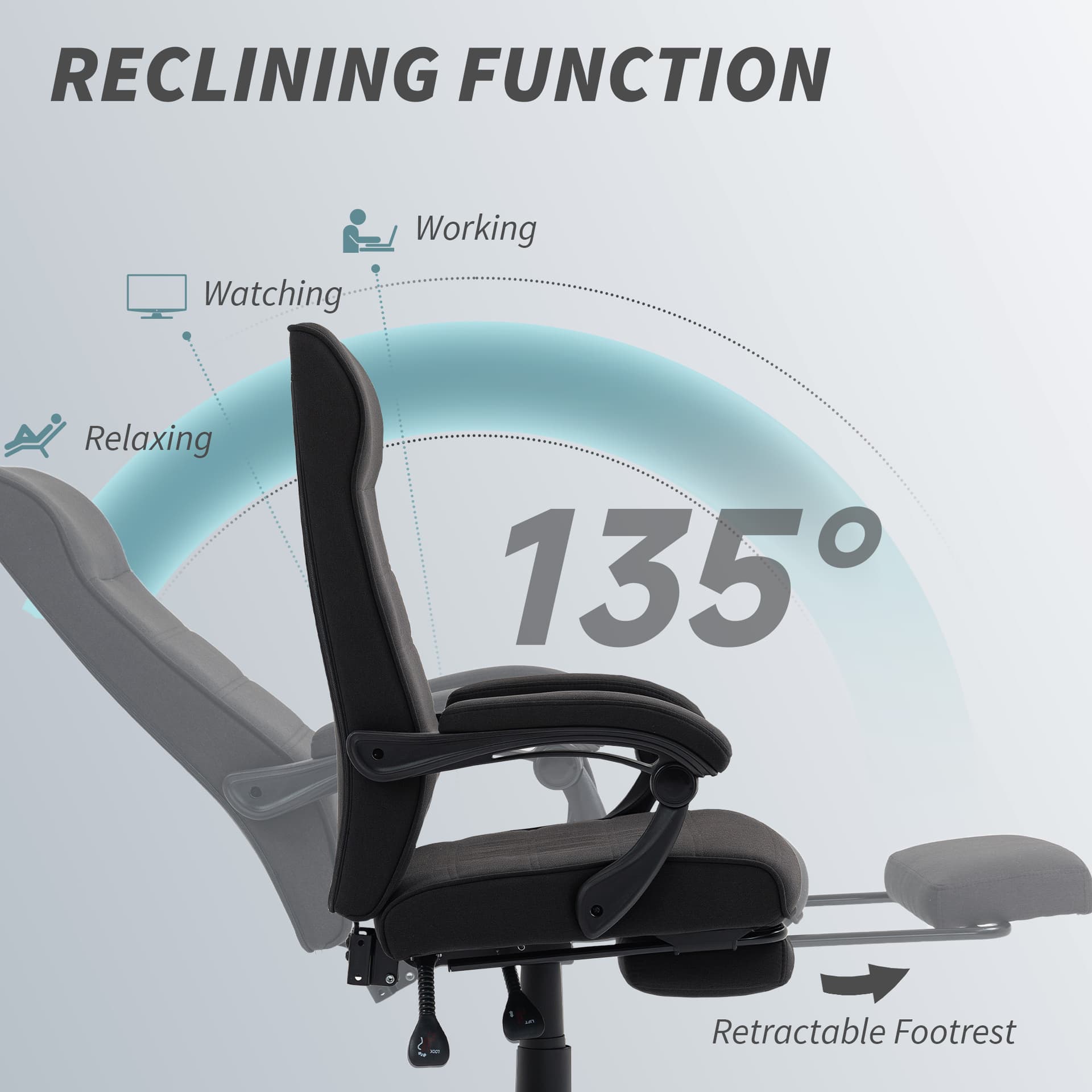 Office Chair, Linen High Back Desk Chair, Swivel Recliner with Adjustable Height, Footrest and Padded Armrest, Black