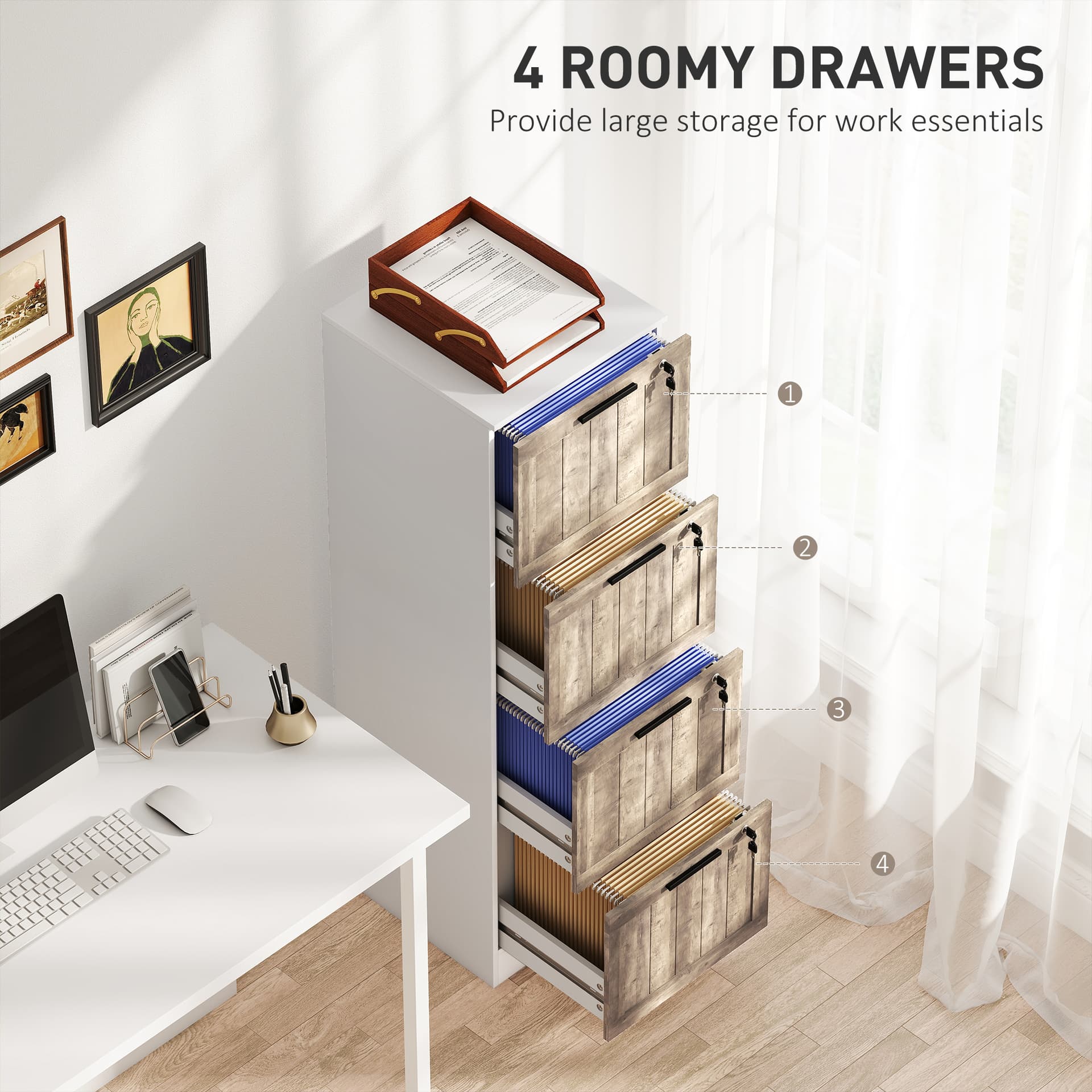 4 Drawer Filing Cabinet, Farmhouse File Cabinet with Lock, Adjustable Hanging Rails for A4 Letter Size Files, White