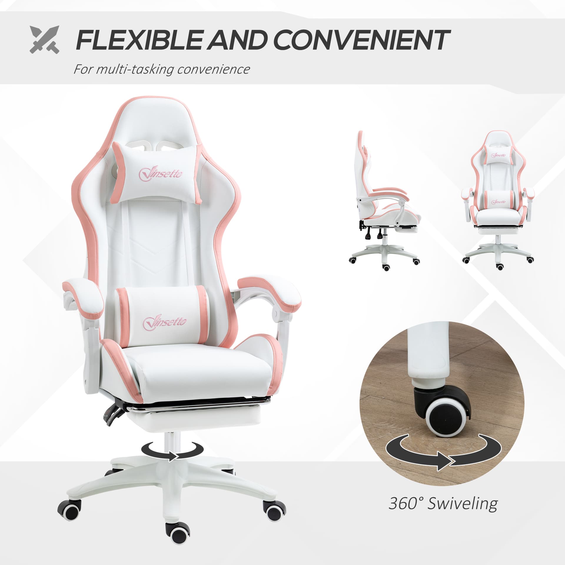 Computer Gaming Chair, PU Leather Office Desk Chair with Footrest, Swivel Wheels, 135° Reclining Back, White