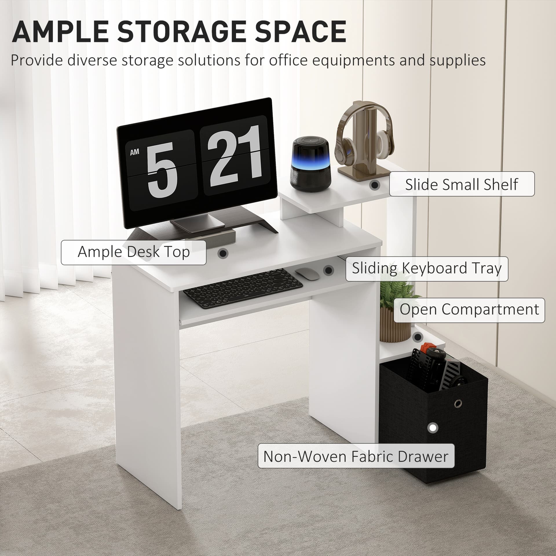 Computer Desk with Sliding Keyboard Tray Storage Drawer Shelf Home Office Workstation White