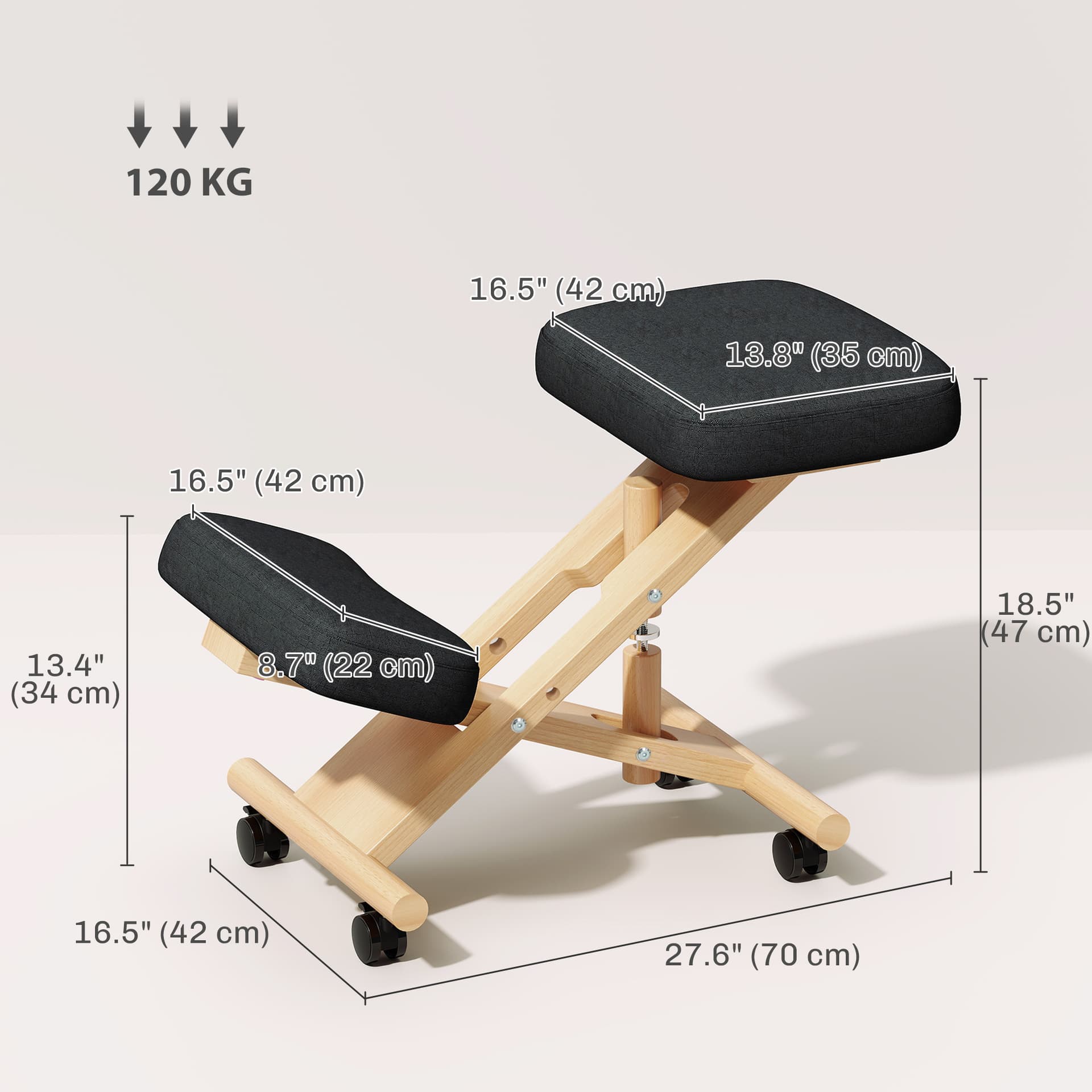 Ergonomic Kneeling Chair, Posture Chair with Rubberwood Frame, Rolling Wheels for Office, Posture Correction, Black