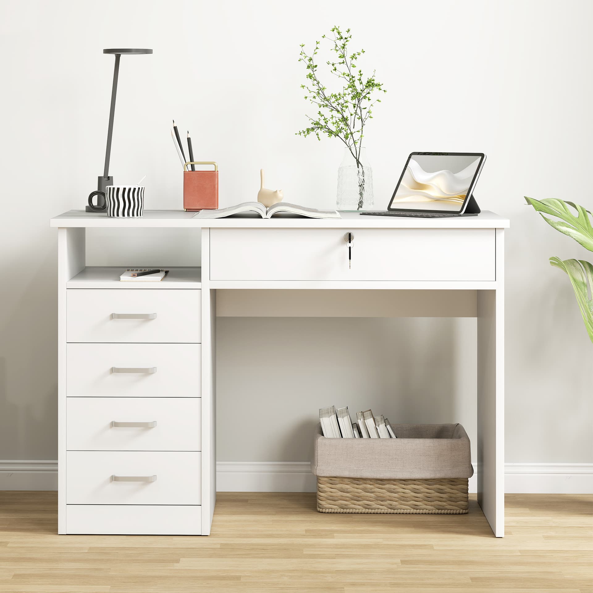 Home Office Desk with Storage, Computer Desk with Lockable Drawer and Open Compartment, White