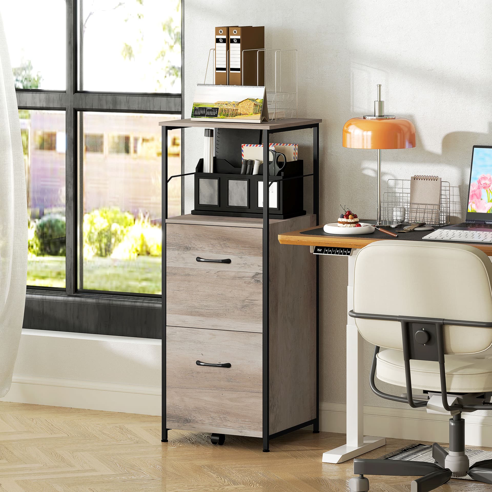 Vertical Filing Cabinet, Tall File Cabinet with 2 Drawers, Hanging Bars for Letter and A4 Size, Distressed Grey