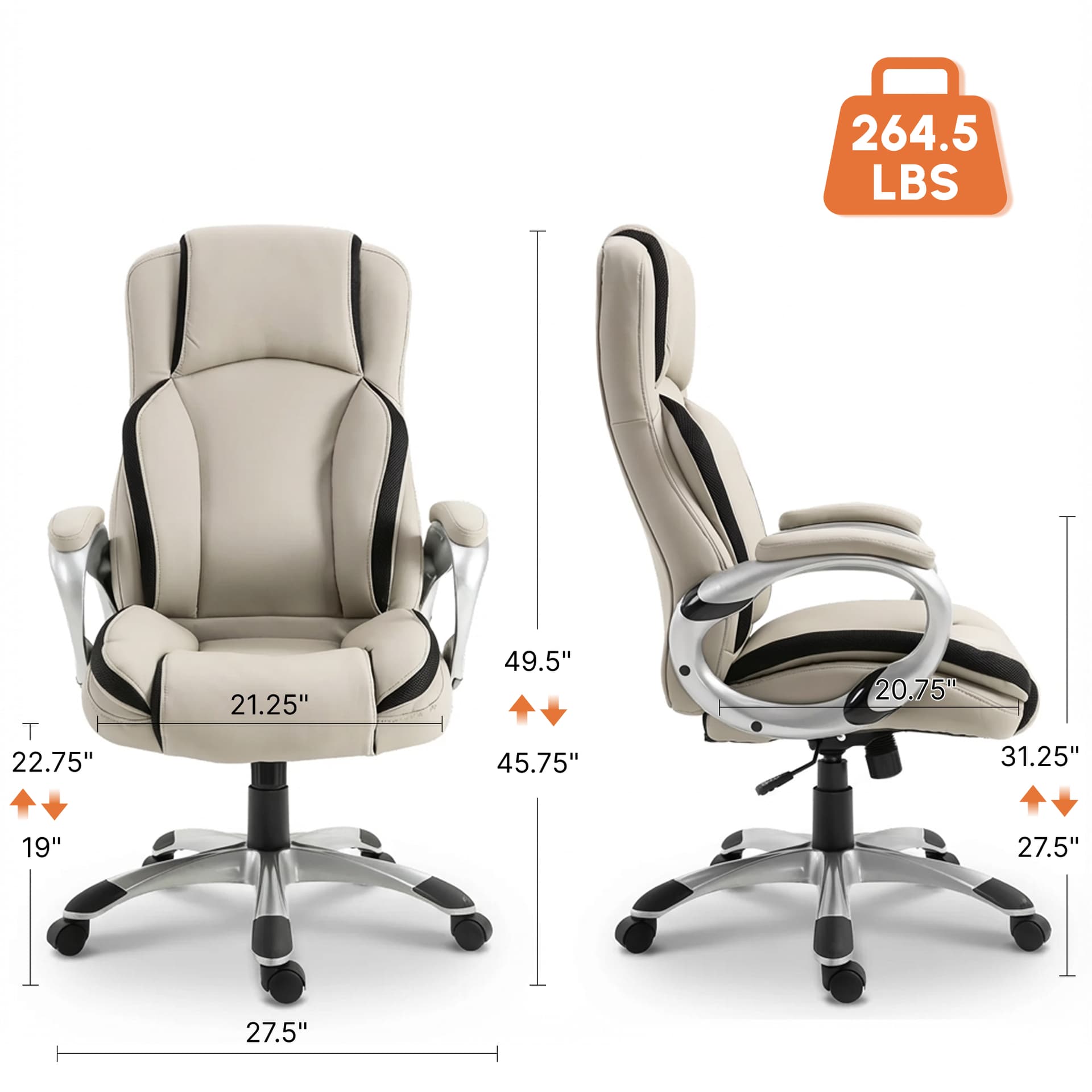 Ergonomic Office Chair PU Leather Executive on Rolling Wheels Task Computer Height Adjustable Swivel Ergonomic, Greige and Black