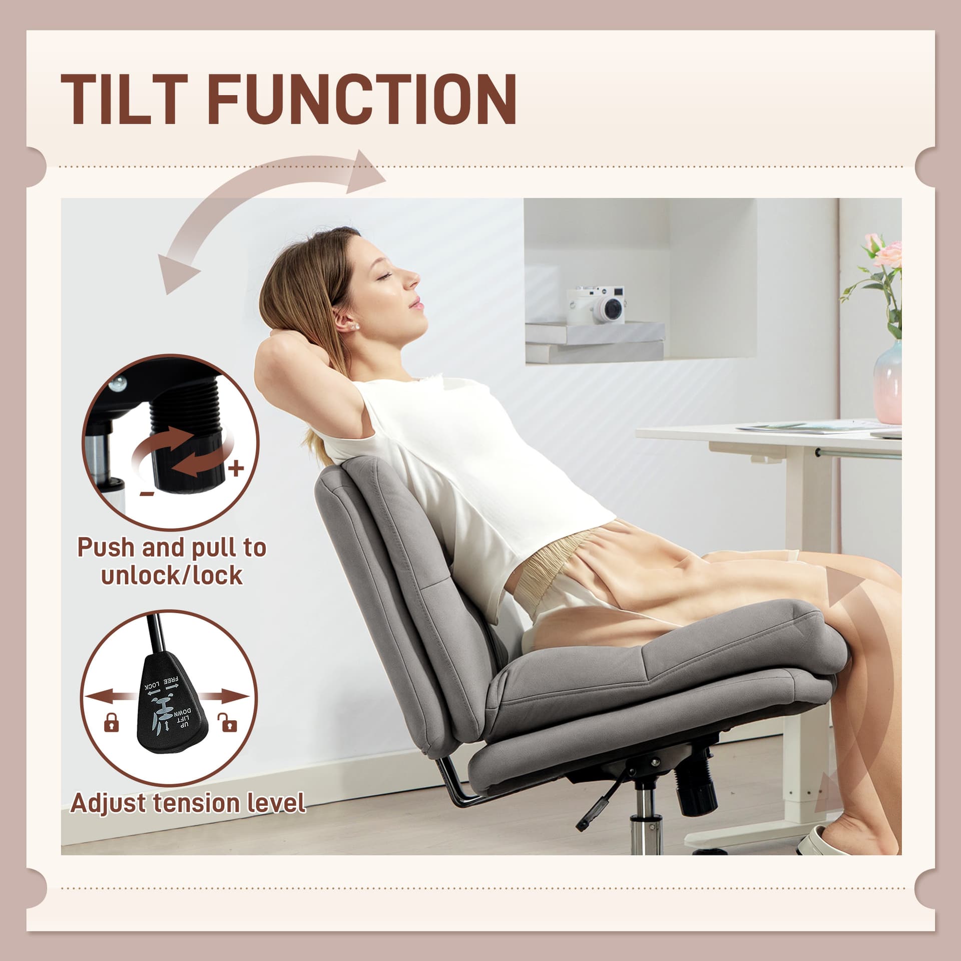 Armless Office Chair, Criss Cross Chair with Adjustable Height & Tilt Function for Home Office, Study, Grey