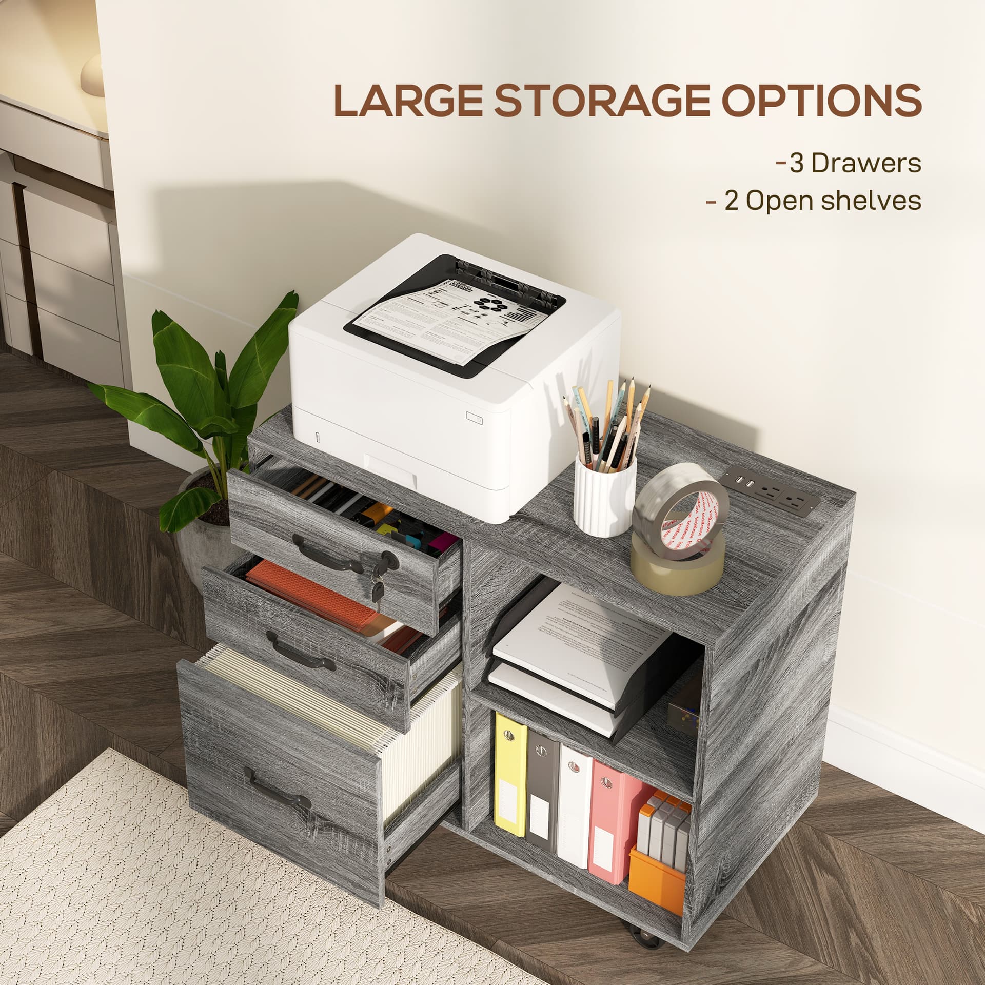 Mobile Printer Stand with Charging Station USB Ports Locking Filing Cabinet for A4 Letter Size Grey